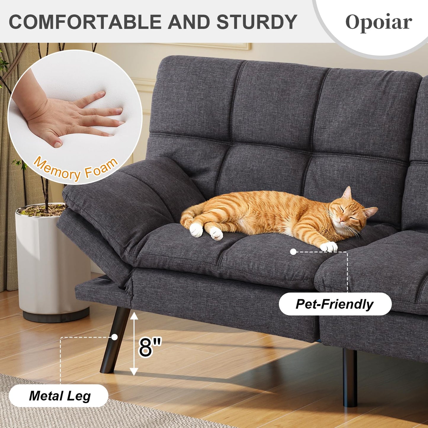 Opoiar Futon Sofa Bed Convertible Memory Foam Grey Couch Bed Futon Sets Folding Modern Sleeper Sofa Gray Loveseat for Studio,Drom,Apartment,Game Room and Small Space