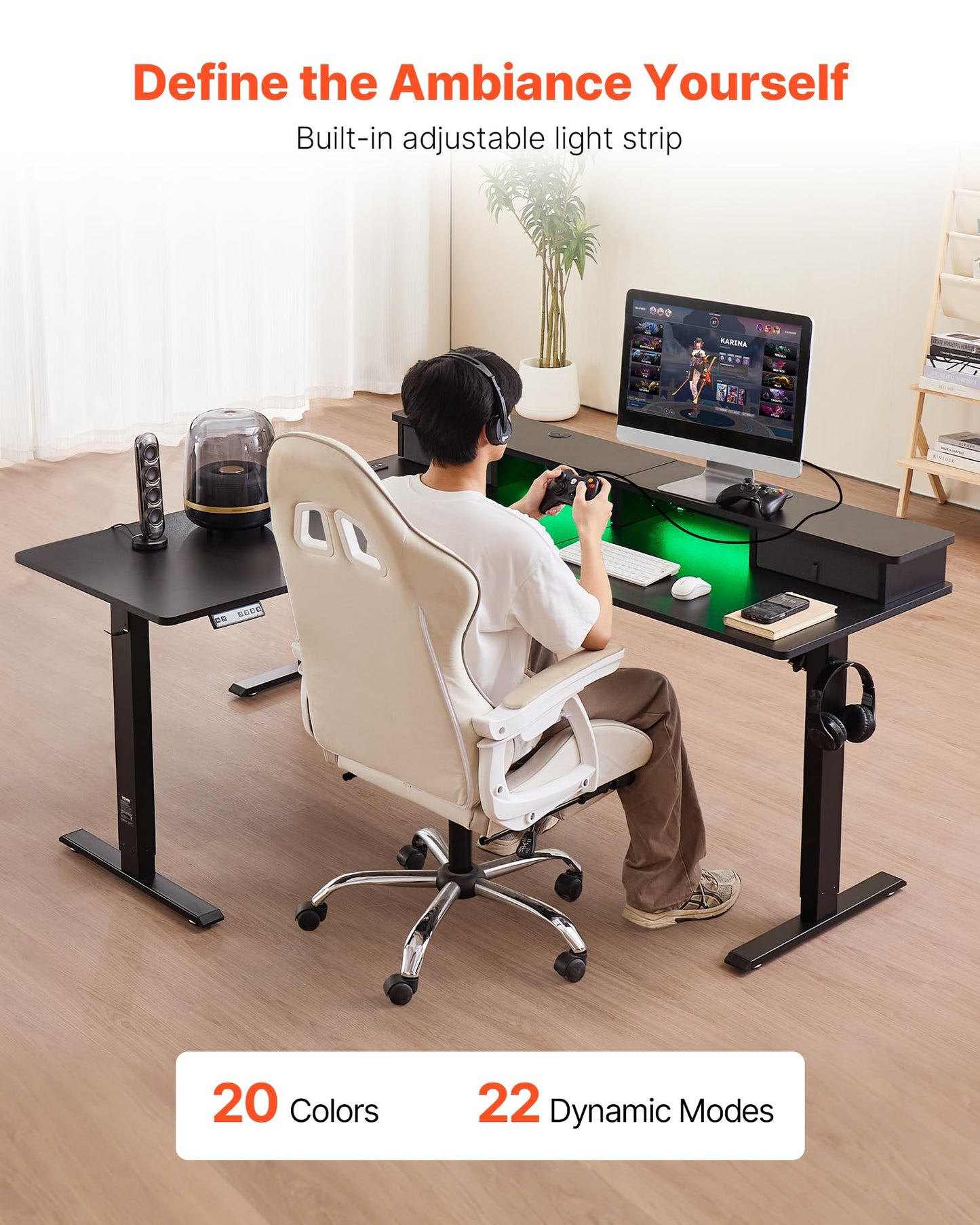 VEVOR L Shaped Electric Standing Desk with 2 Drawers, 63 x 55 inch Adjustable Height Corner Desk with Storage, Sit Stand up Computer Table with Light Strips for Office Home, Easy to Assemble, Black