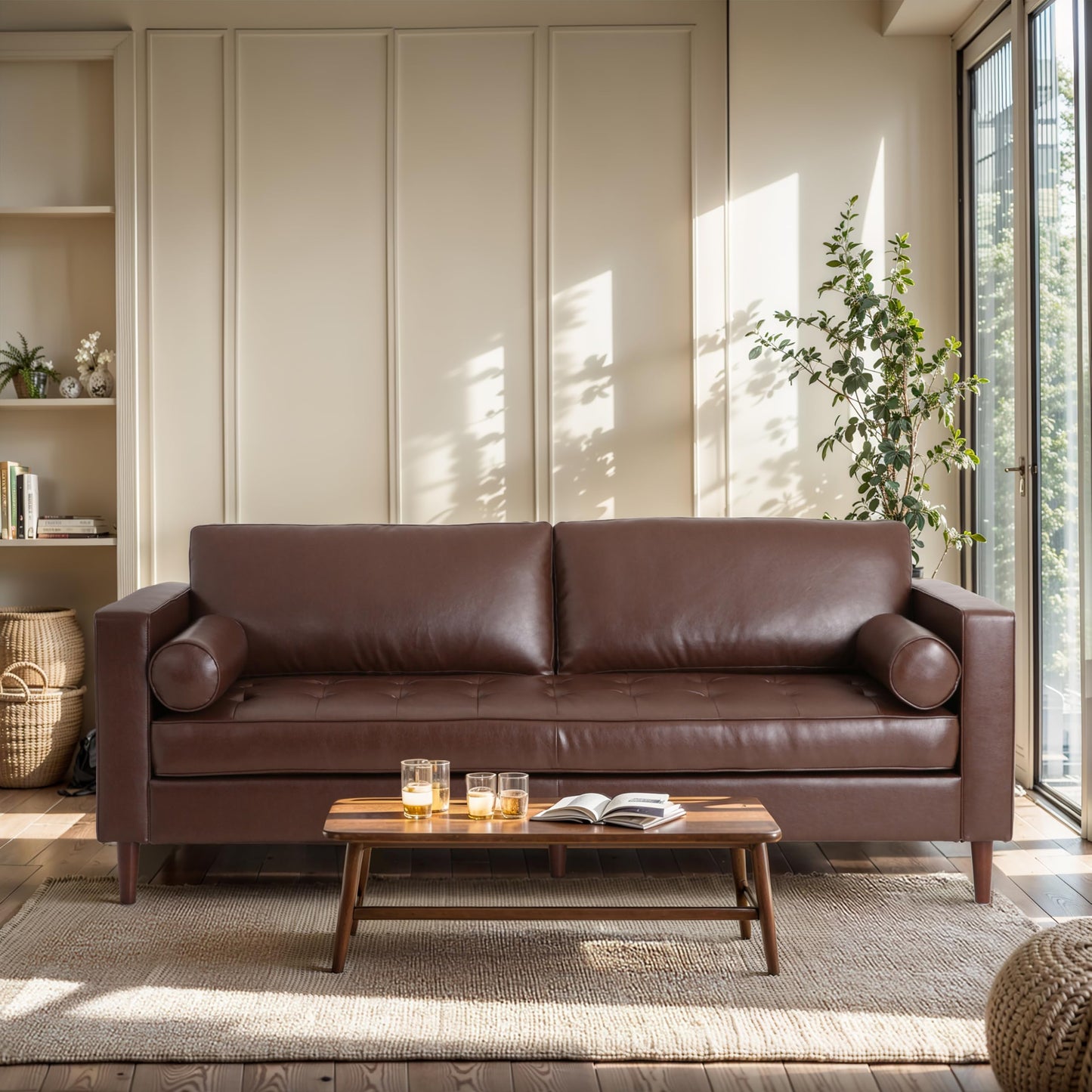 Merax Upholstered PU Sofa, Classic 3 Seater Leather Couch with Wooden Legs for Living Room Bedroom Office, Dark Brown