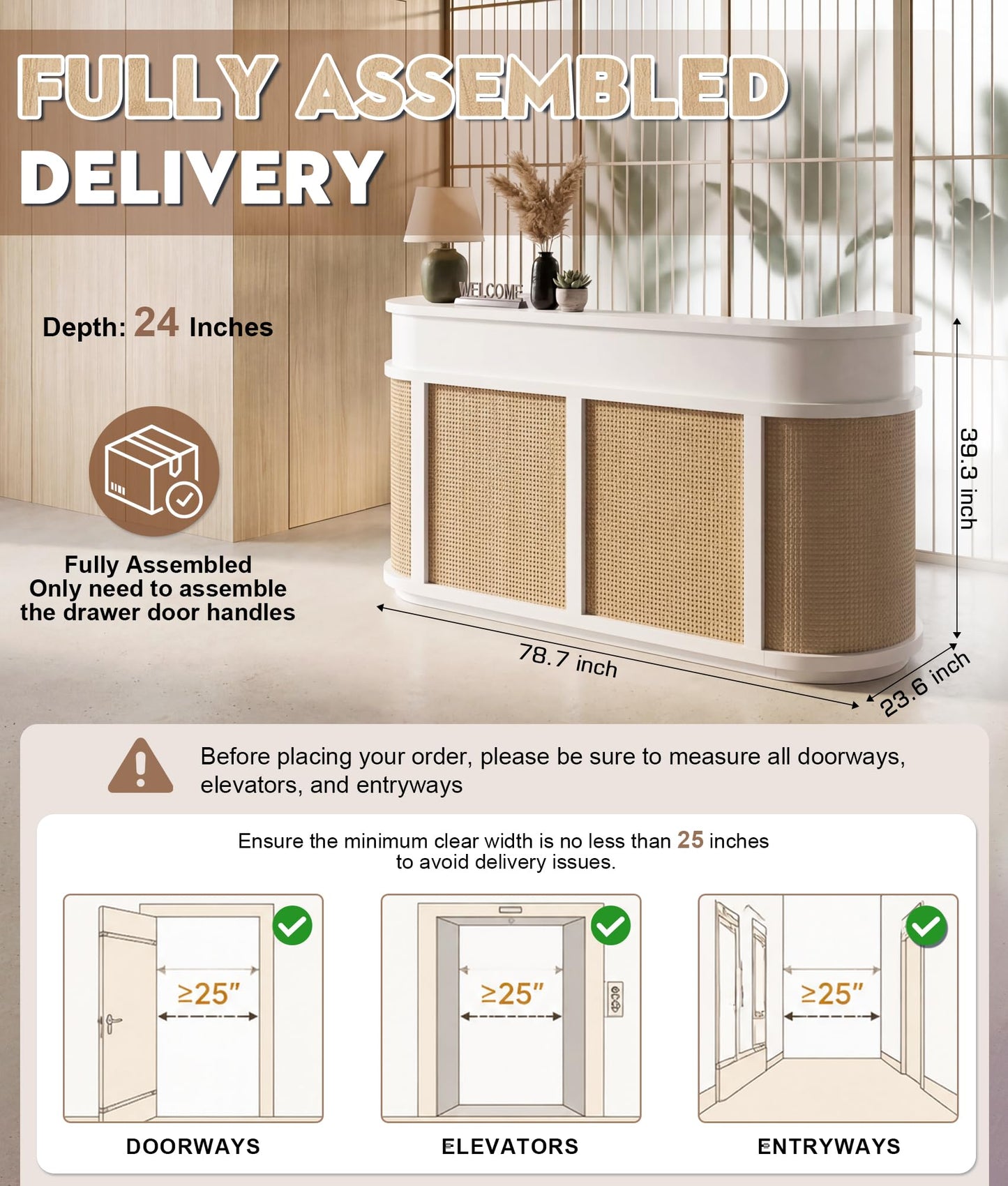 Fully Assembled Rattan Reception Desk, Modern Commercial Front Desk with Lockable Drawer & Cable Management Hole, Heavy Duty Wooden Checkout Counter for Office, Business, Beauty, Spa, Nail, Hair Salon
