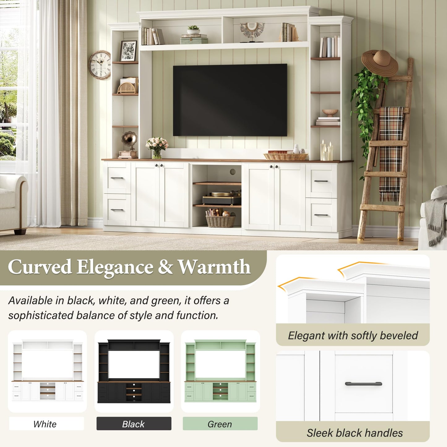 Merax 4-in-1 Wall Unit Entertainment Center with Bookshelf for TVs Up to 70", Farmhouse Large TV Stand with Walnut Adjustable Shelves, Elegant Retro Media Console with Drawers for Living Room, White
