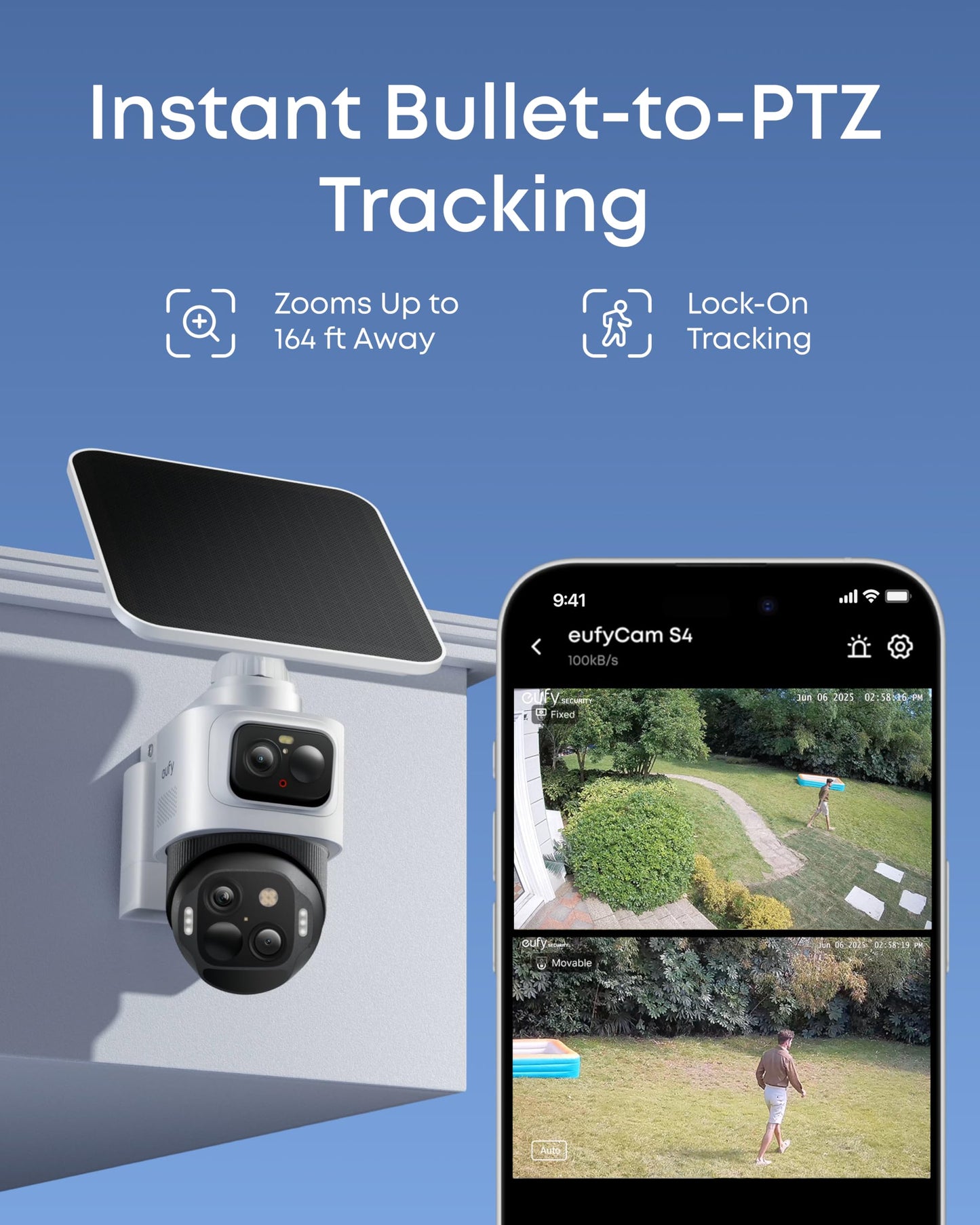 eufy Security eufyCam S4,4K Solar Camera Wireless Outdoor, 3-Lens Bullet-PTZ Cam, 360° Coverage, 8X Auto Zoom, AI Recognition,AI Track, Color Night Vision, 0 Monthly Fee, Built in 32 GB Storage