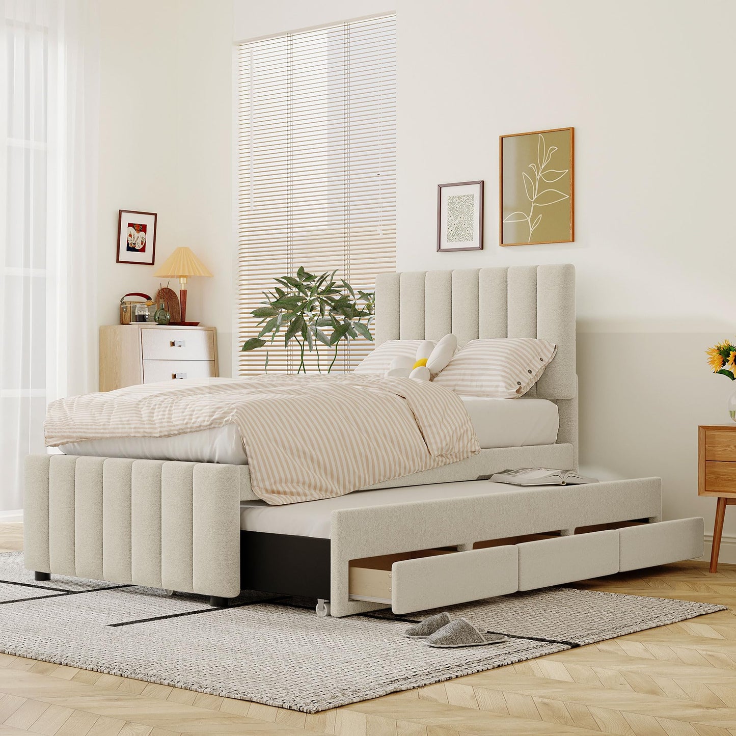 GDFStudio Twin Size Upholstered Platform Bed with Trundle and 3 Storage Drawers, Linen Fabric Bed Frame with Stripe Headboard and Wood Slat Support, Beige