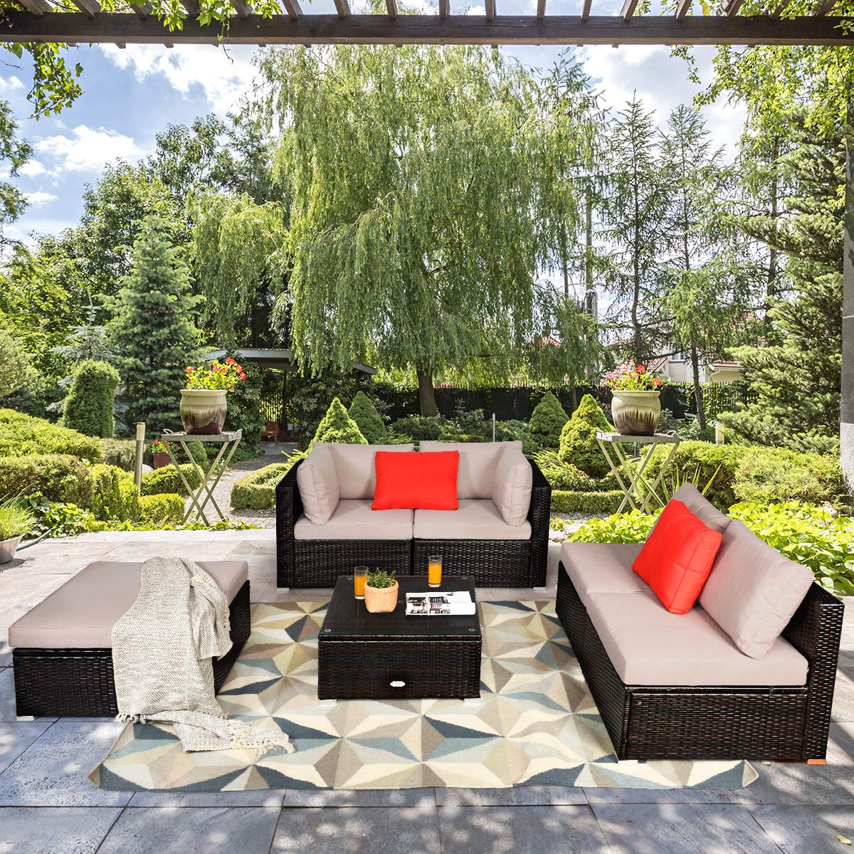 COSTWAY 6-Piece Outdoor Patio Furniture Set, Rattan Sectional Sofa Set with Tempered Glass Coffee Table, Cushions and Ottoman for Garden, Deck, Backyard (Beige)