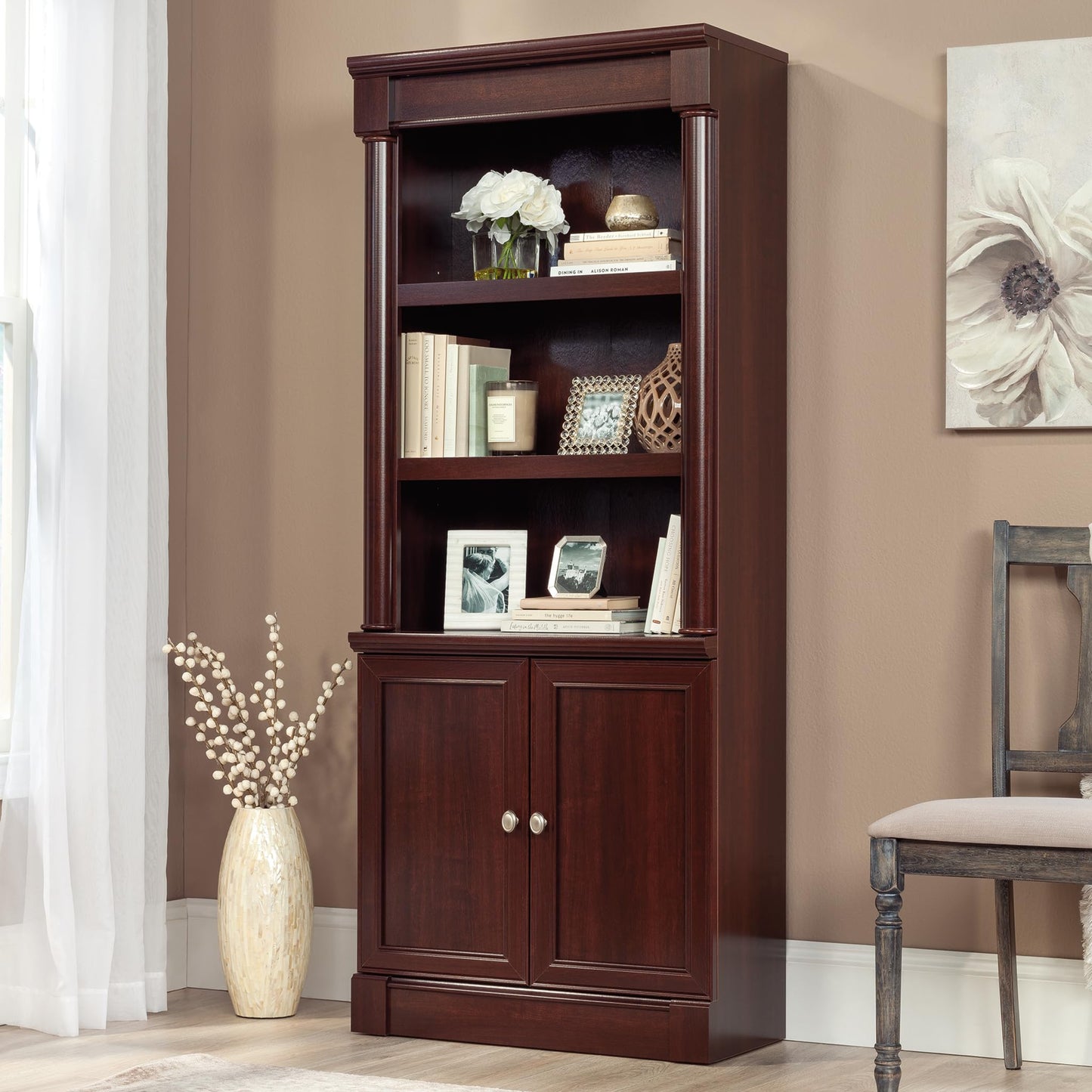 Sauder Palladia Book Shelf, Bookshelf with Storage, Library Bookcase with Doors and Adjustable Shelves, in Select Cherry finish