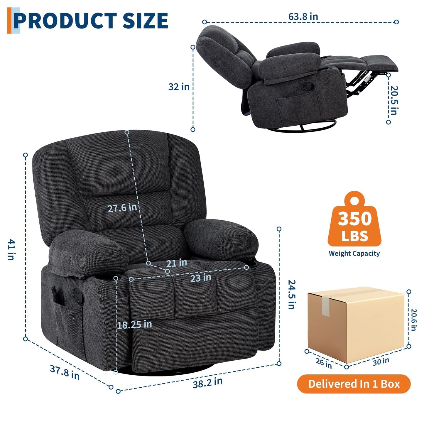 Oversized Wide Recliner Chair with Vibration Massage and Heat, 360° Swivel Recliner Glider for Adults,Chenille Fabric Manual Reclining Single Sofa with Cup Holders & Side Pockets for Living Room,Black