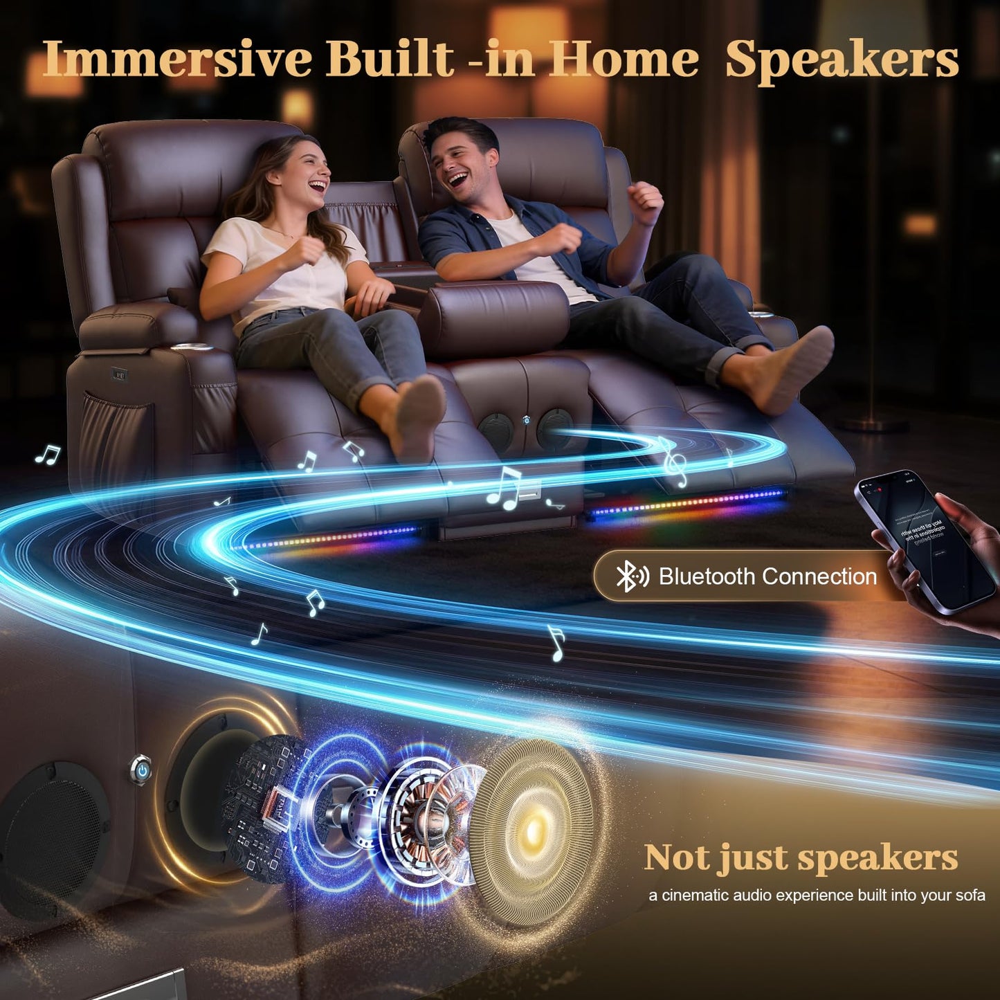 Aotolo Power Reclining Loveseat Sofa with Console, Wall Hugger RV Recliner Couch, Home Theater Seating with Heating & Massage, Bluetooth Speaker, LED Light, USB & Type-C Ports, Storage Armrests