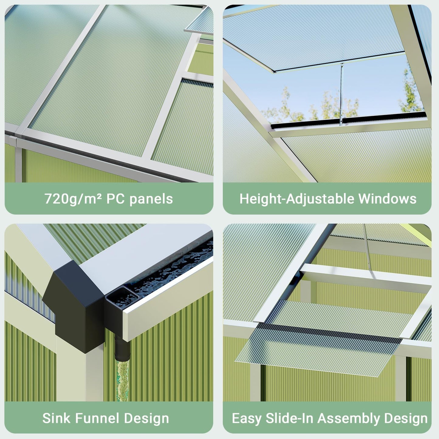 8X12 FT Greenhouse, Greenhouses for Outside, Aluminum Frame Polycarbonate Panels with Sliding Lockable Door and Ajustable Roof Vent, Spacious Walk-in Design for Backyard, Garden, Patio, Silver