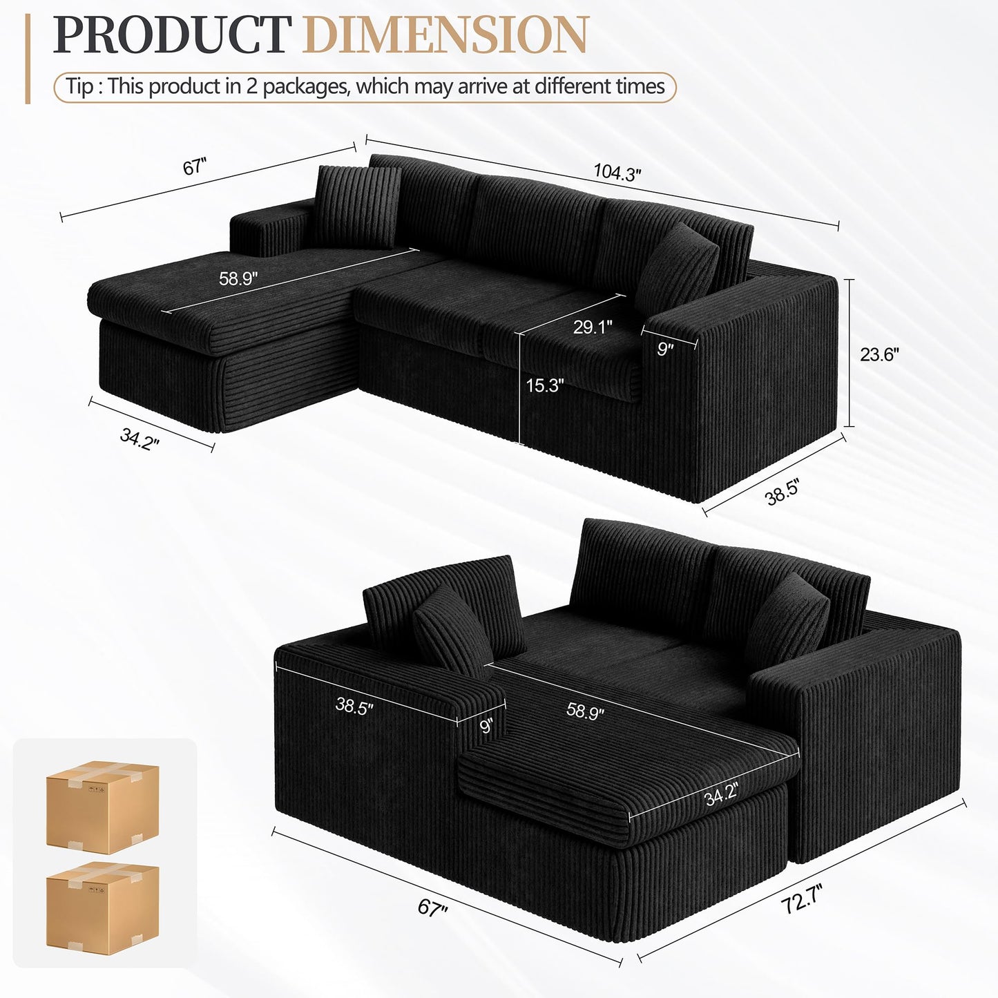 Vongrasig 105" Boneless Couches for Living Room, Sectional Couches Modular Sofa with L-Shaped Chaise, Memory Foam Comfy Cloud Couch with Plush Corduroy Fabric, No Assembly Required, Black