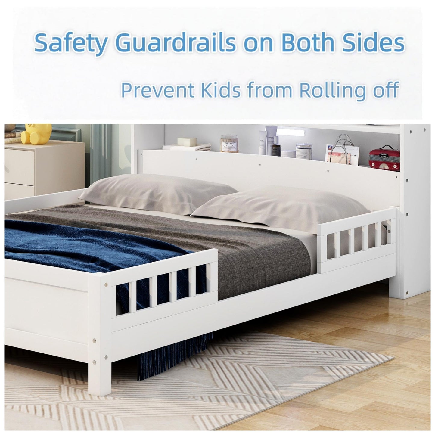 Merax Full Size Bed Frame, Solid Wood Full Platform Bed with Storage Headboard, Built-in Light and Safety Guardrail, Montessori Inspired Bed, No Box Spring Needed, White