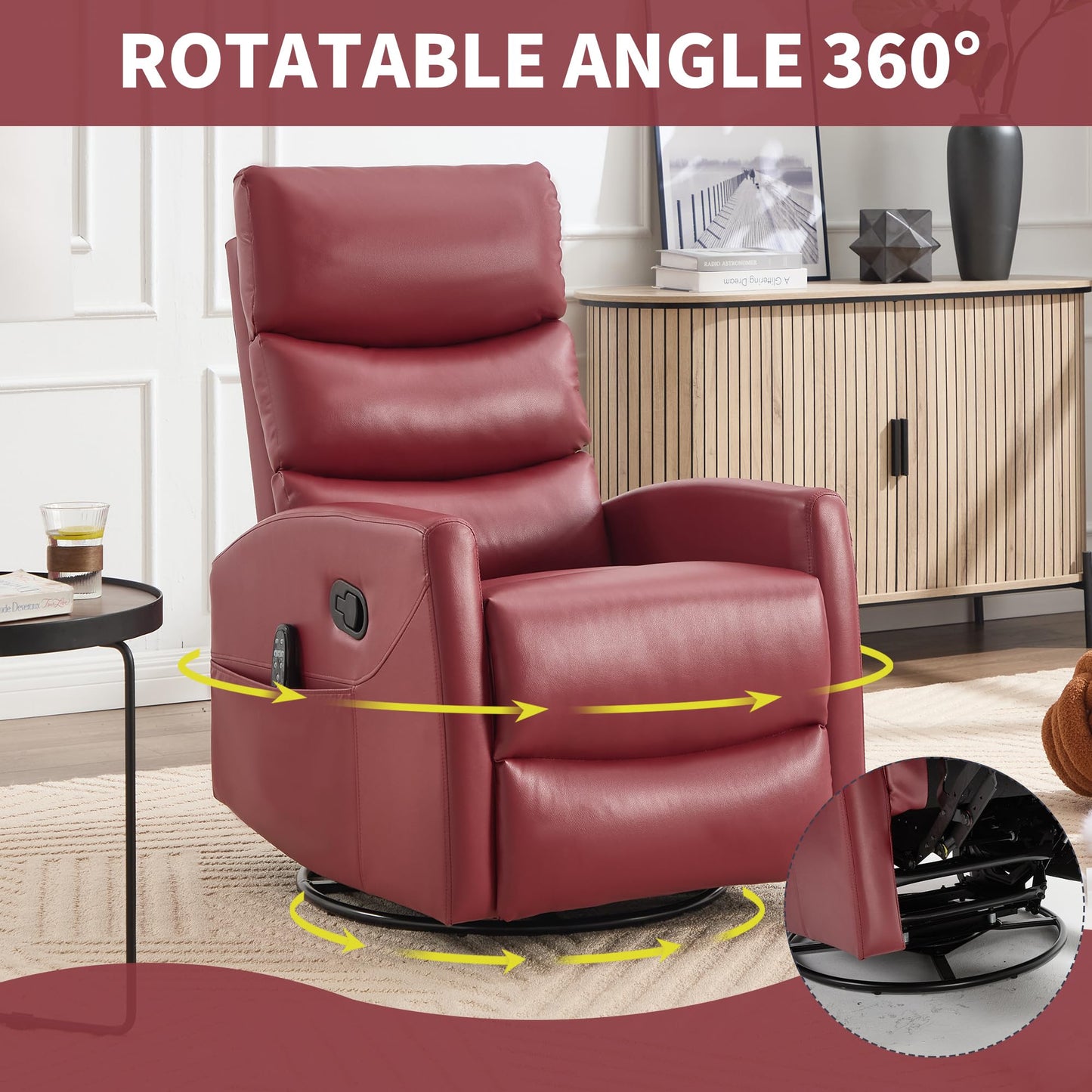 KEIKI 4-in-1 Manual Swivel Rocker Recliner Chair for Home Living Room, Faux Leather Chair with Back Massager & Heat, Home Theater Seating with Lumbar Support, Comfy Reading Chairs for Adults, Red