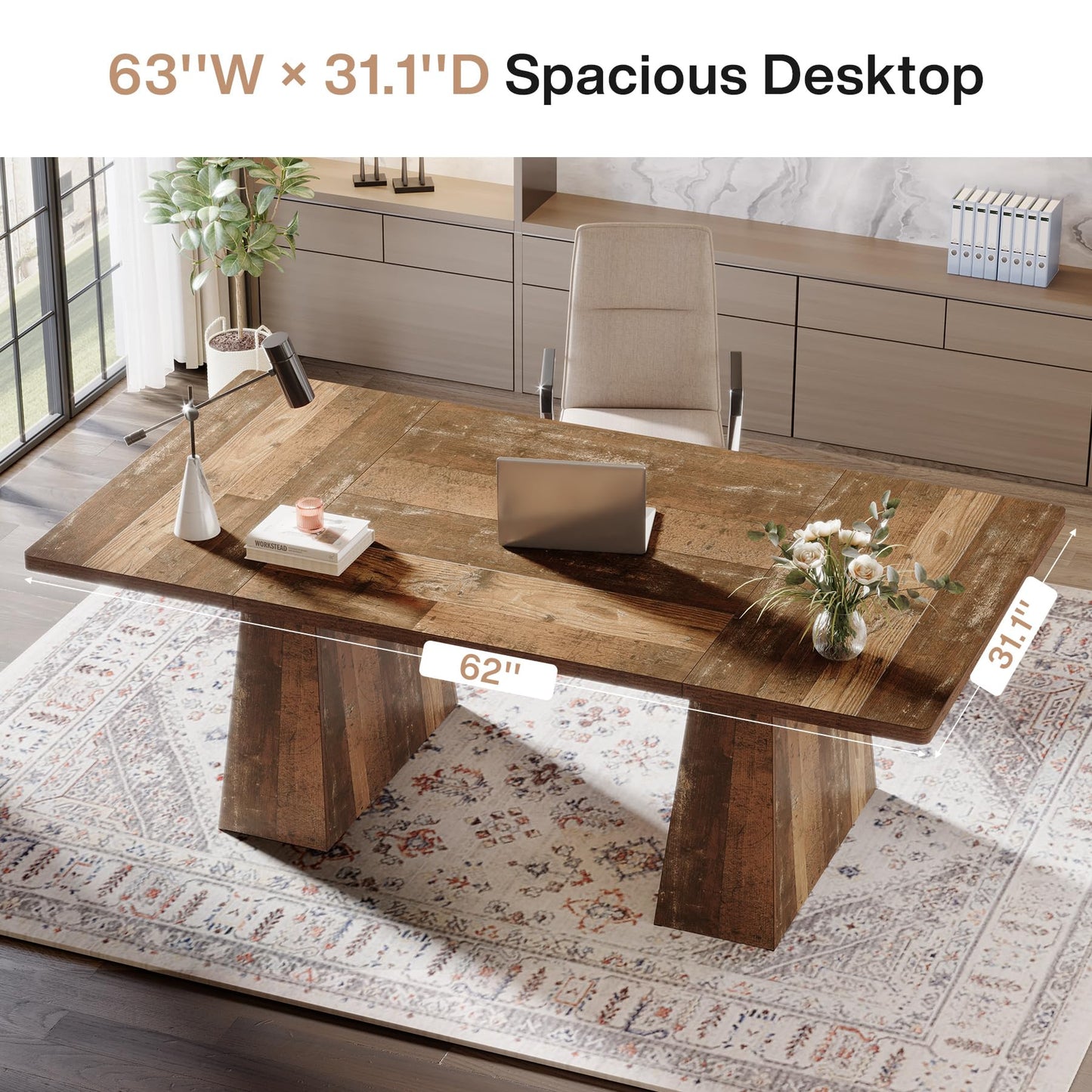 Tribesigns 63-Inch Executive Desk, Large Office Computer Desk with Double Pedestal, Modern Simple Workstations Writing Table Conference Table Business Furniture for Home Office, Espresso Brown