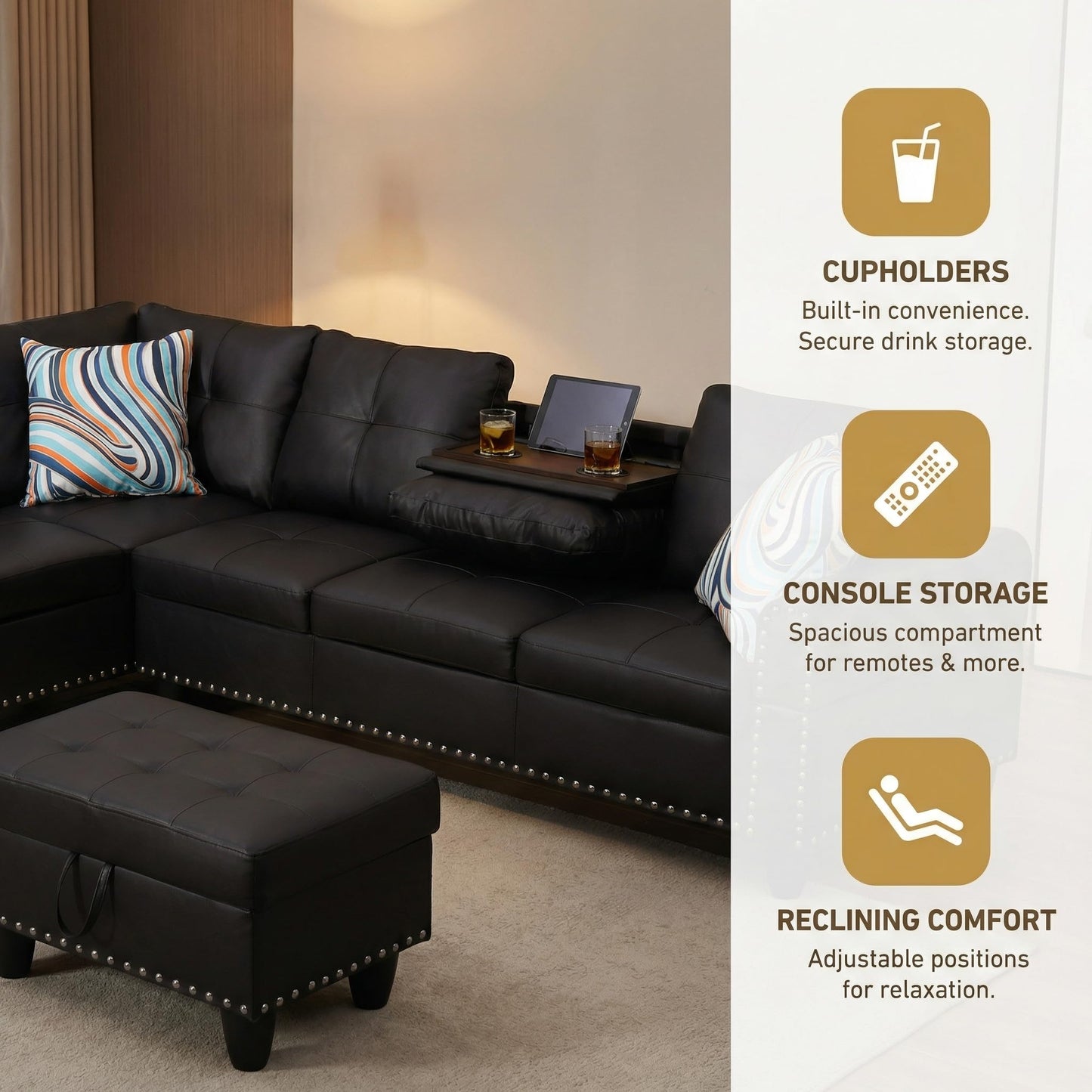 Trygoal 97" Leather 4-Seat L-Shaped Sectional Sofa with Movable Chaise & Storage Ottoman - 3-Piece Modular Convertible Couch for Living Room, Bedroom, Apartment & Office, Jet Black