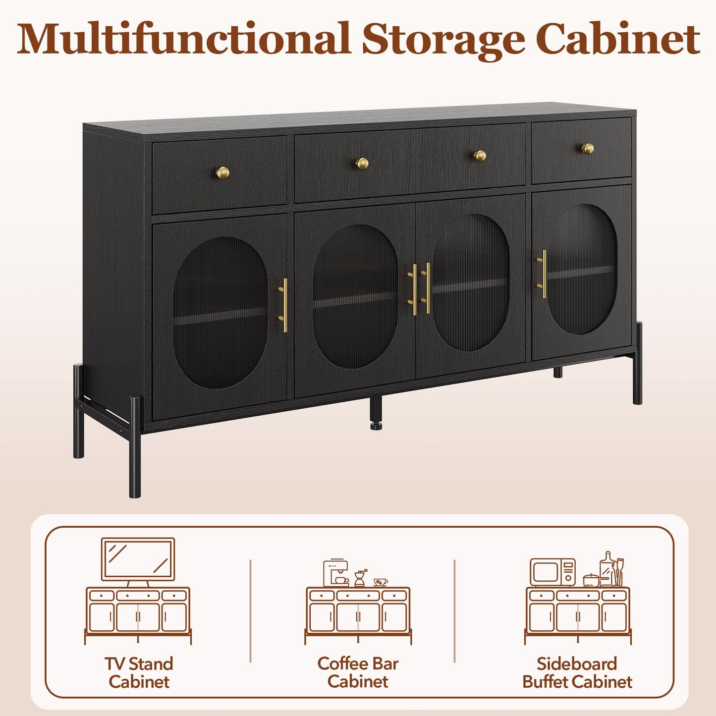 MERXENG 62 in Sideboard Buffet Cabinet with 4 Doors & 3 Drawers, Modern Storage Cabinet with Adjustable Shelves, Accent Buffet Table Coffee Bar for Kitchen, Living Room, Black