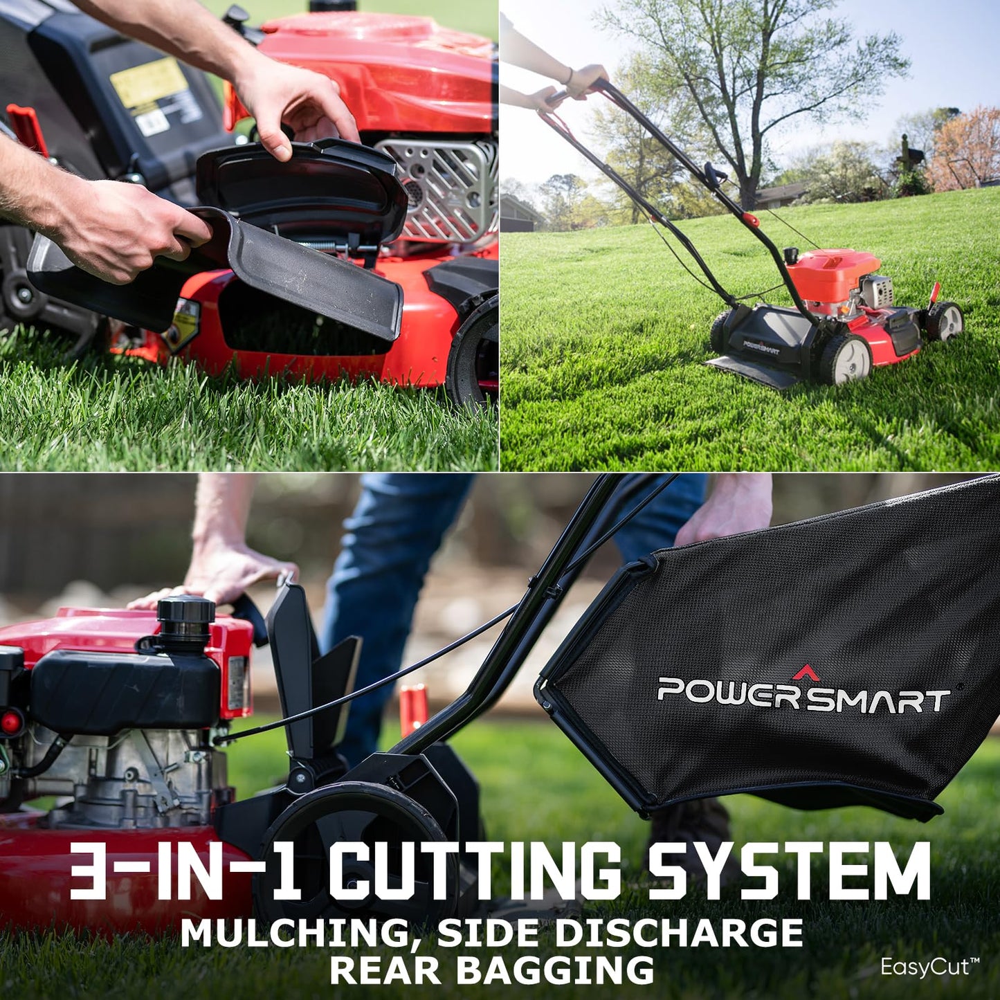 PowerSmart EasyCut 18-Inch 144cc Push Gas Lawn Mower, 3-in-1 Mulch/Bag/Side Discharge, Steel Deck, 6 Height Adjustment
