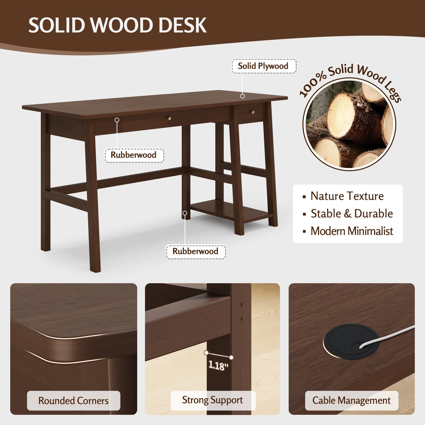 NELYE Solid Wood Desk with Drawer - 58 Inch Modern Writing and Computing Workstation for Home Office in Walnut