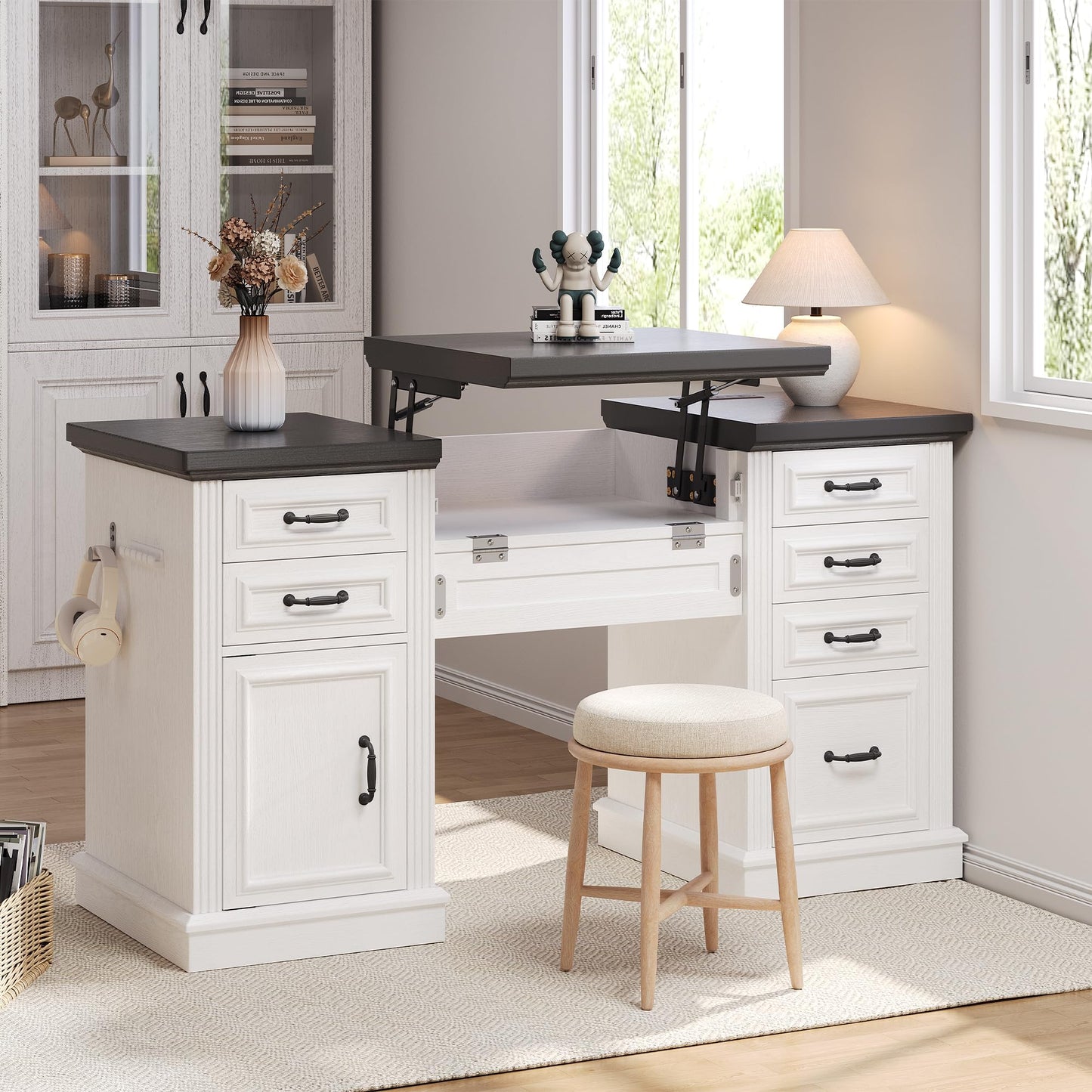 Jocoevol 57" Lift Executive Desk with Drawers, Farmhouse Home Office Desk with File Cabinet Storage, Computer Desk with Charging Station & Headphone Hook for Work/Study/Writing (White & Black, Lift)