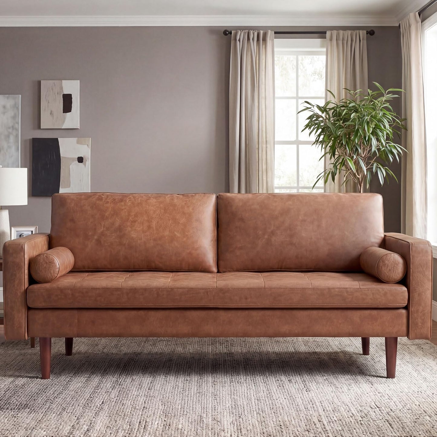 Meeyar 70" Mid-Century Modern Faux Leather Sofa, Comfortable Button Tufted Loveseat Couch with Bolster Pillows & Solid Wood Legs for Living Room, Apartment, Office, 1100lbs Capacity, Brown