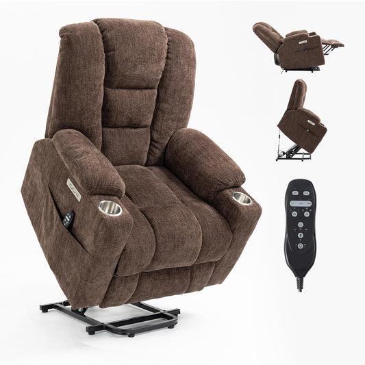 RHHVVR Power Lift Recliner Chair for Eldery, Chenille Electric Recliner Chairs with Massage and Heat, Remote Control Standing Assistance Lay Flat Recliner Sofa for Living Room Medium-Firm,Brown