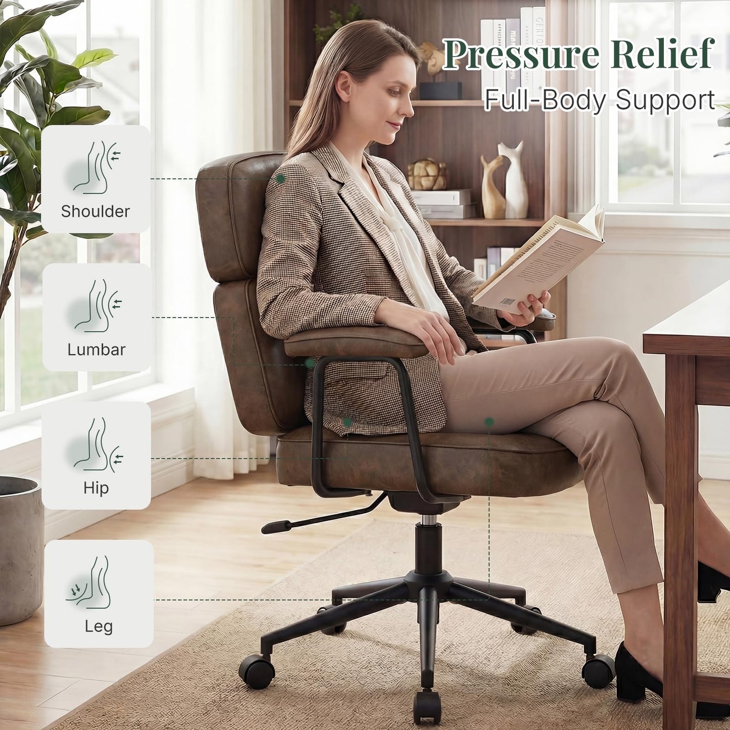 HAPPYMONT Ergonomic High Back Leather Office Chair, Executive Computer Desk Chair with Lumbar Support & Padded Arms, Adjustable Height 360° Rolling Swivel Task Chair for Home Office, Brown