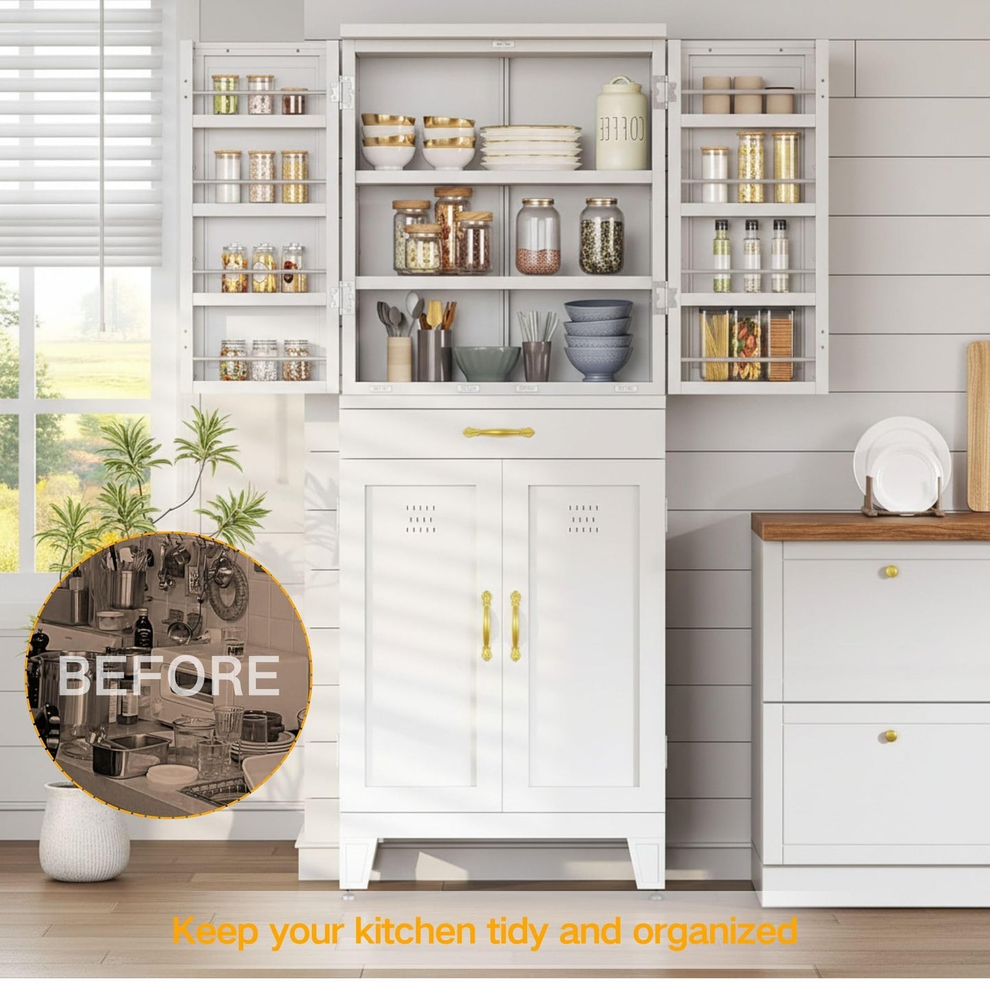 DWVO Metal Storage Cabinet, 71" Kitchen Pantry Cabinet with 4 Door & 4 Adjustable Shelves & Drawer & Door Rack, 6-Tier Tall White Steel Cabinets for Kitchen, Living Room, Dining Room