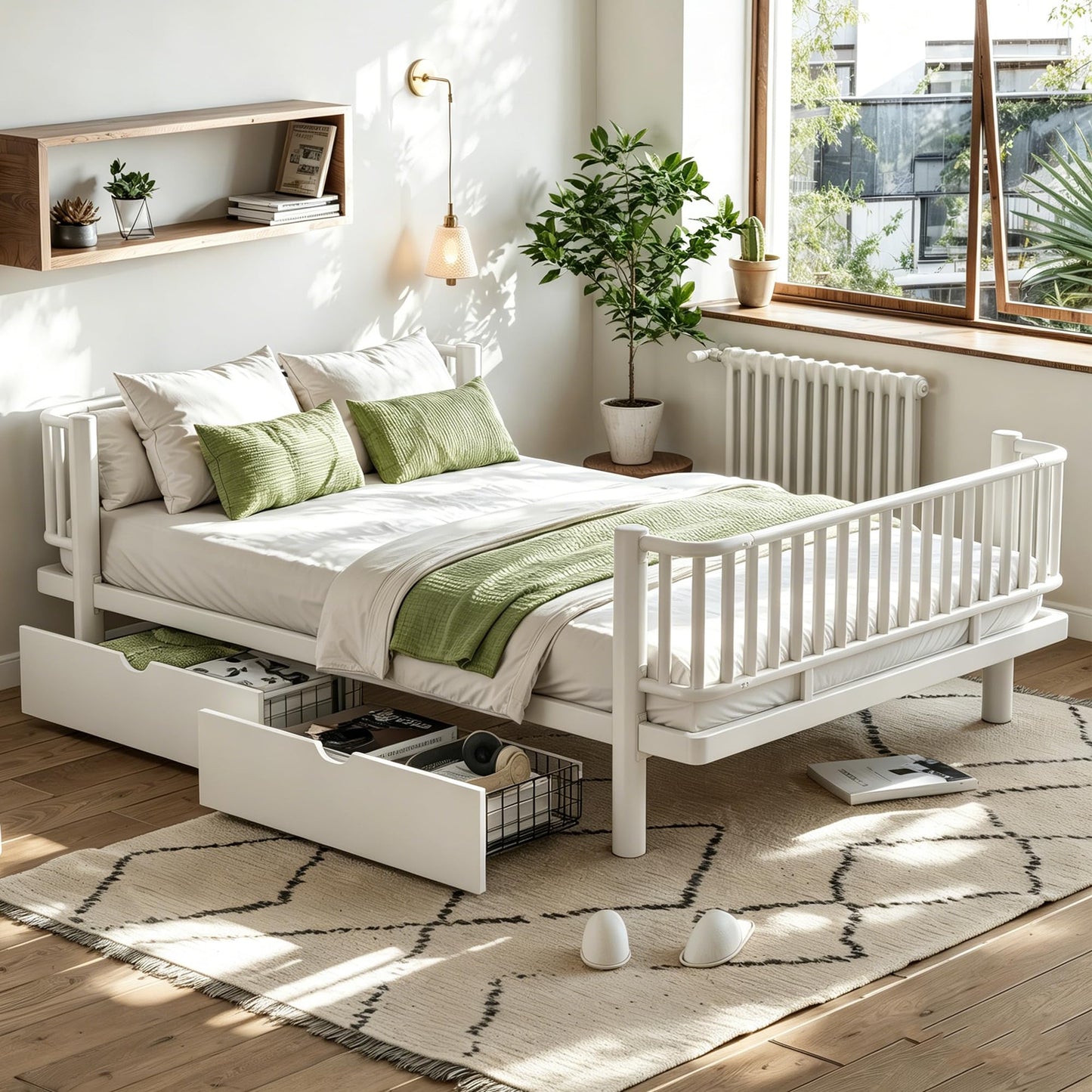 Bellemave Metal Kids Full Size Bed Frame with Storage Drawers and Detachable Fence,Full Size Montessori Bed with Slats and Fence,Metal Platform Bed,Low Profile Design,White