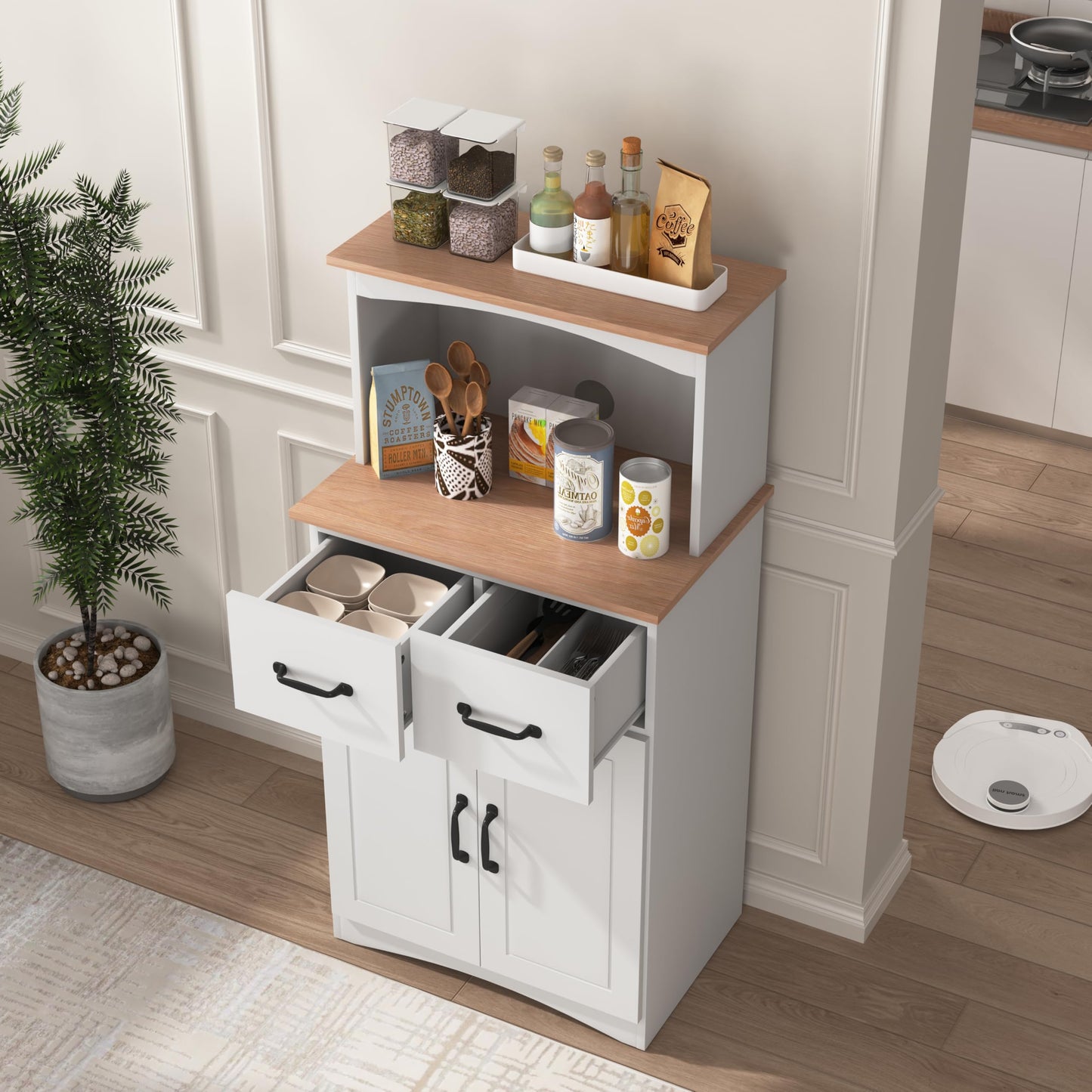 GDFStudio Wooden Kitchen Pantry Cabinet with Microwave Stand & Storage Drawer, Modern MDF Storage Cabinet with Adjustable Shelf, 2 Doors, Rectangle Home Organization Cupboard, White
