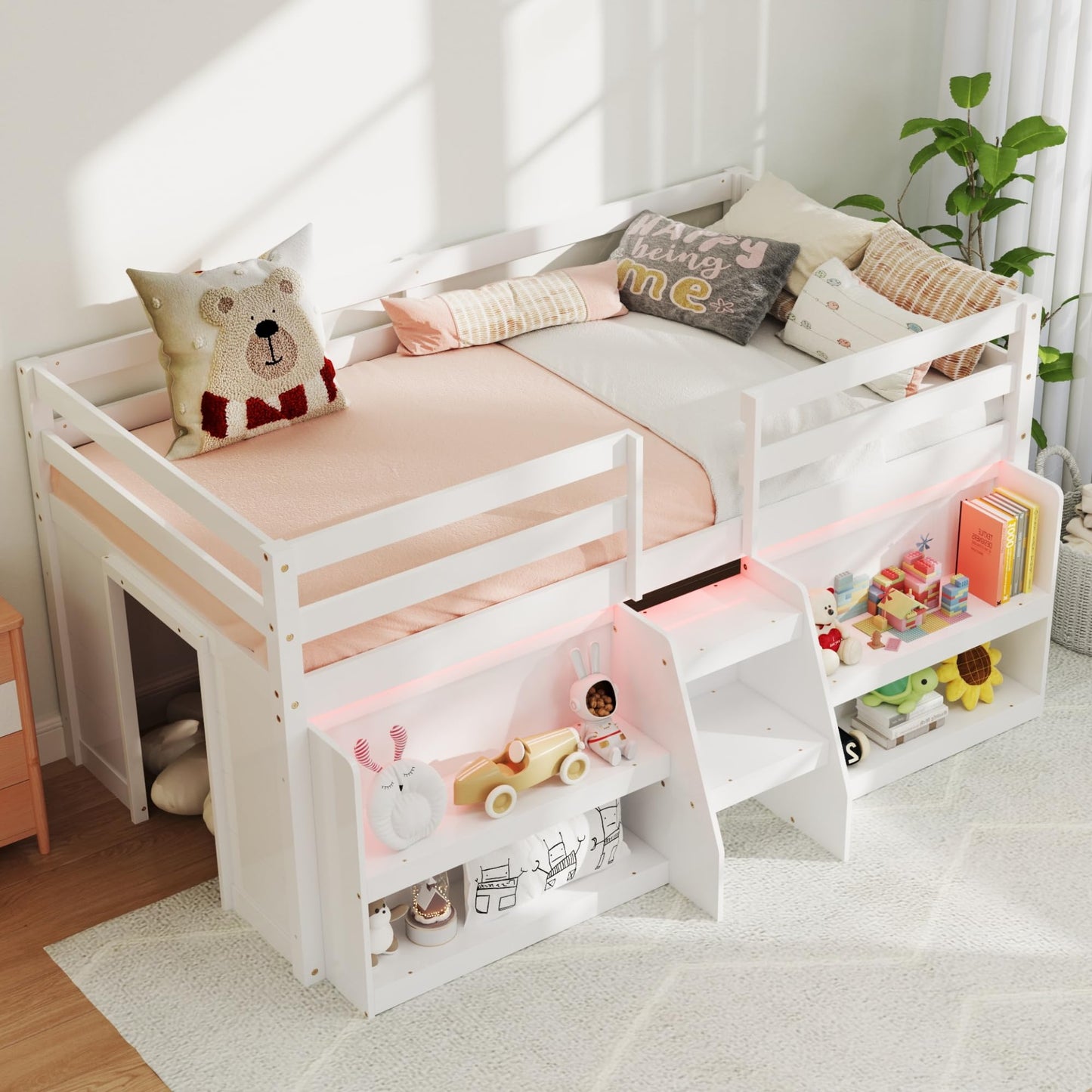 KOMFOTT Low Loft Bed with LED Light & 2 Bookcases, Wood Kids Twin Bed with Under-Bed Play Space, Stairs & Guardrails, No Box Spring Needed, Modern Low Loft Bed Frame, White