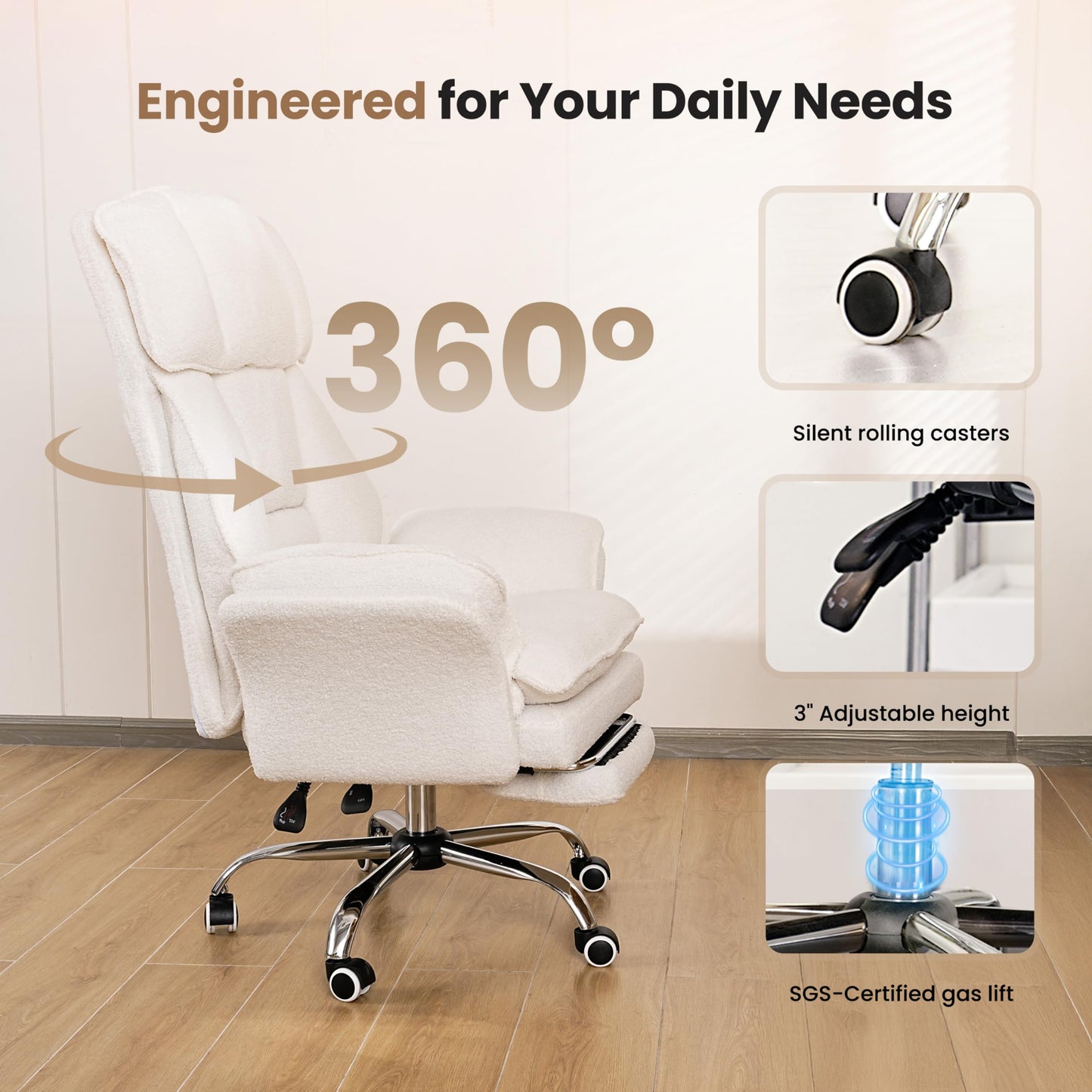 Big and Tall Office Chair, Flip Armrests for Pets & Cross Legged Sitting, Executive Ergonomic Computer Gaming Chair with Foot Rest, Teddy Fleece Wide Seat Reclining Desk Chair, Pink