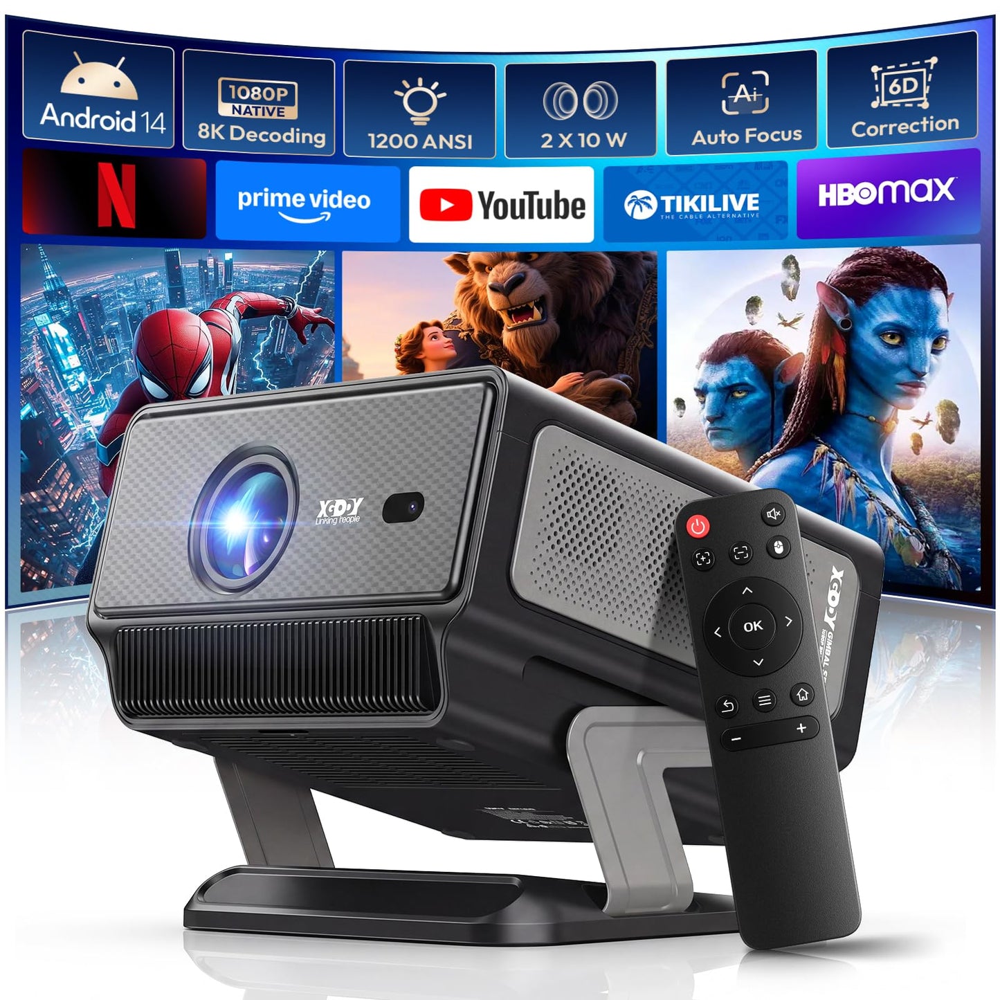 Smart Projector with WiFi and Bluetooth 1200 ANSI, Native 1080P 4K Supported, Auto Focus 6D Keystone, XGODY Gimbal A8, Premium 20W HiFi Stereo Sound, Home Theater Movie Projector for Bedroom/Outdoor