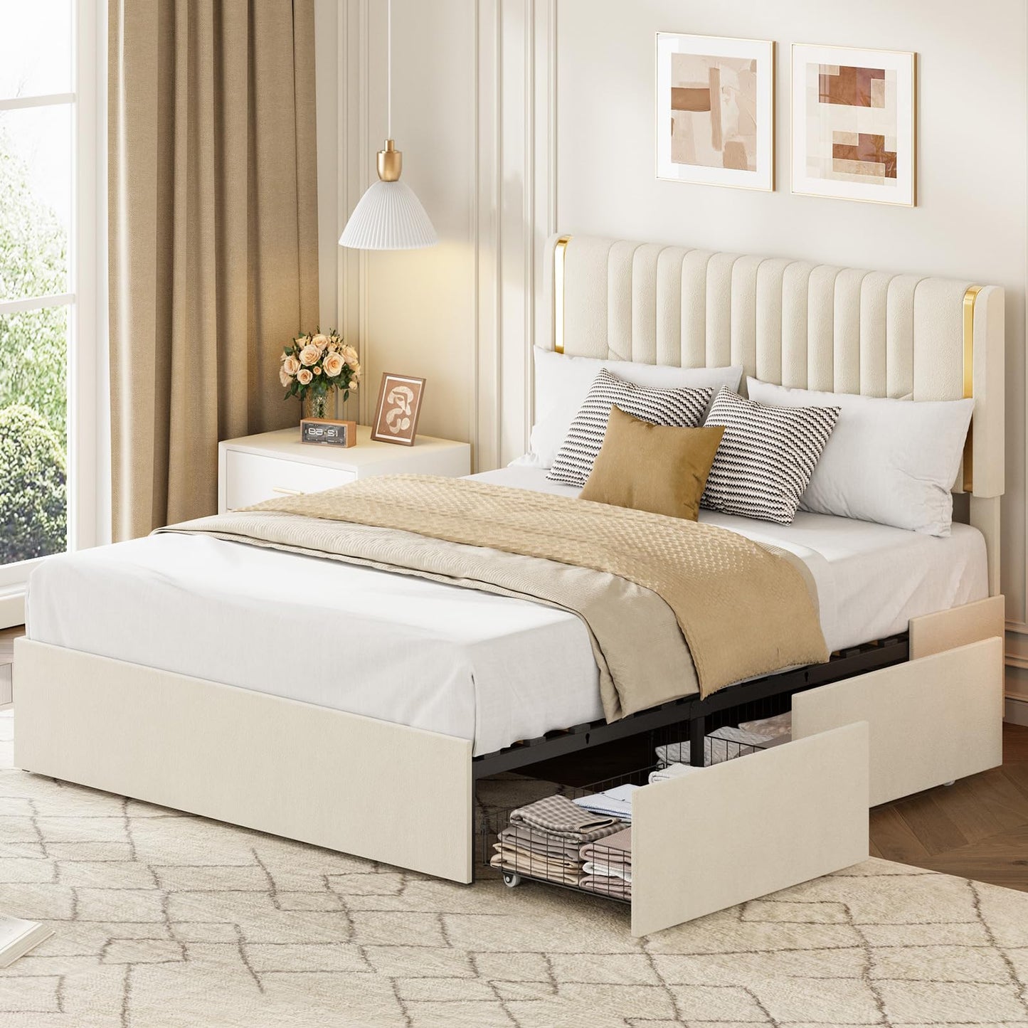 Garvee Upholstered Full Size Bed Frame with Adjustable Headboard, Luxury Golden Tufted Platform Bed with 4 Storage Drawers, Wooden Slats Support, No Box Spring Needed, Easy Assembly - Beige
