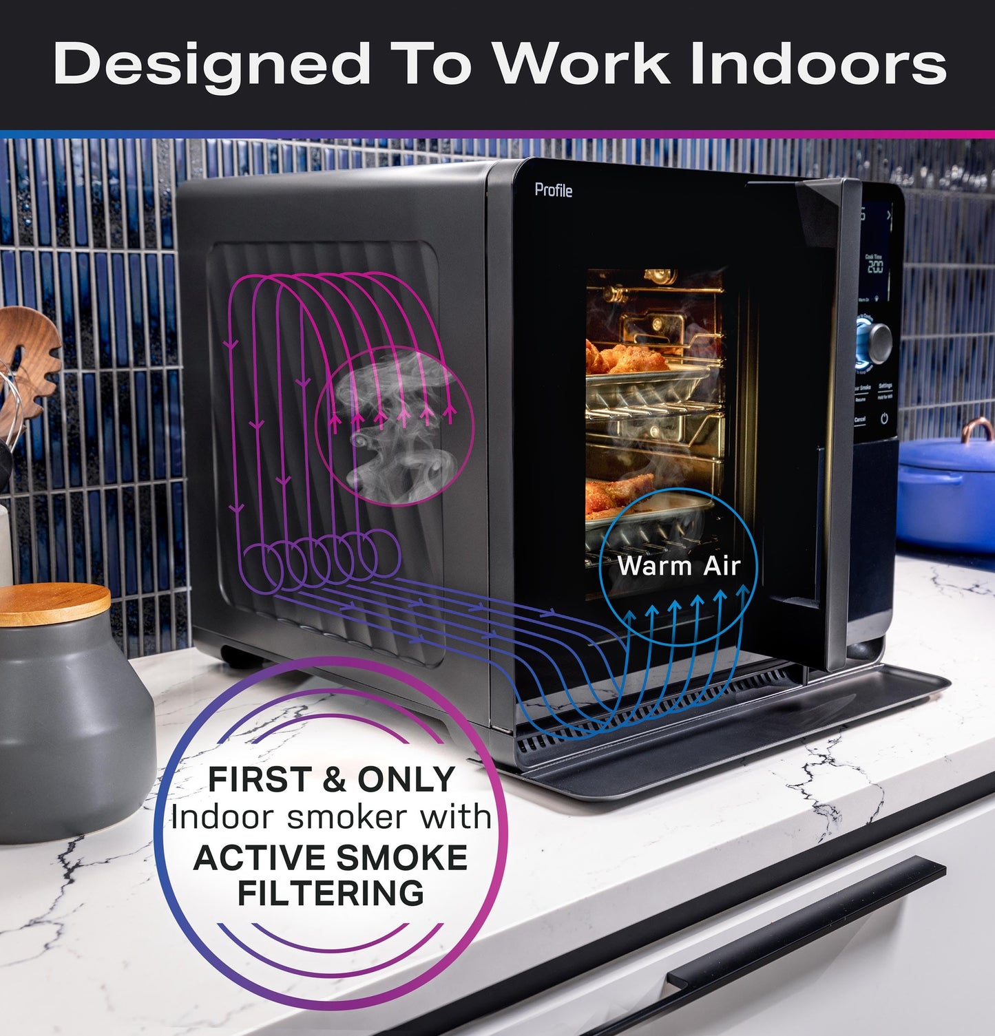GE Profile™ Smart Indoor Pellet Smoker + Accessories Bundle, Includes Four 1lb Bag, Strainer, 20-pack of Drip Pan Liners, and Prep Tray, Stainless Steel, Carbon Black