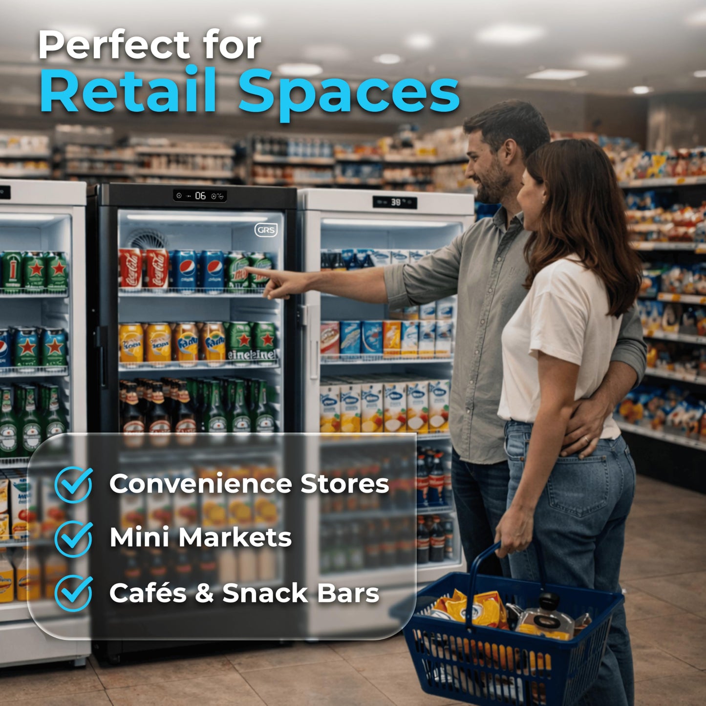 GRS Commercial Display Refrigerator with Glass Door Lock | Cool Air Flow & Temperature | Beverage fridge, Drink and Wine Cooler with Adjustable Display Shelf for Stores and Bars | Black, 7.1 Cu. Ft