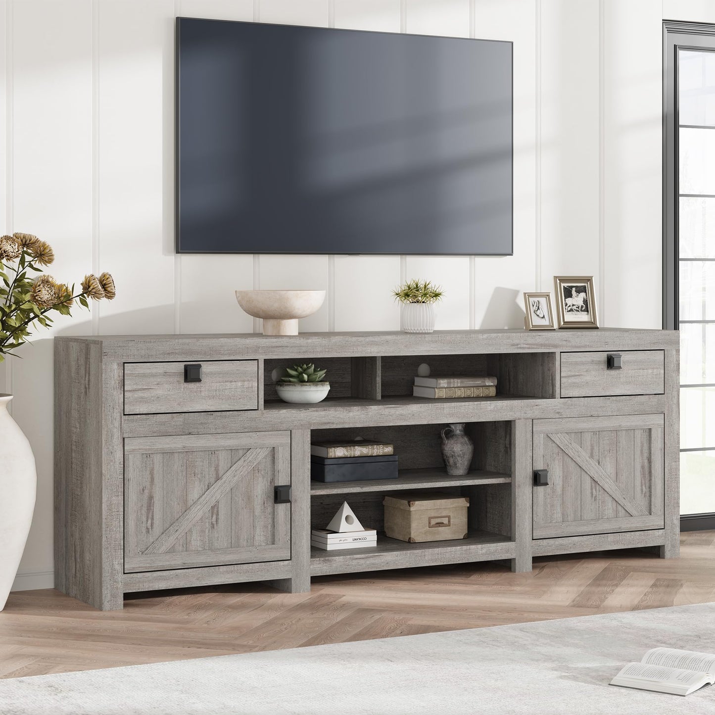 IDEALHOUSE Farmhouse TV Stand for Tv Up to 80 Inches, 70 in Long Entertainment Center with 4 Storage Drawers & 3 Open Shelf, Television Consoles Stands for Living Room, Bedroom-Antique Grey