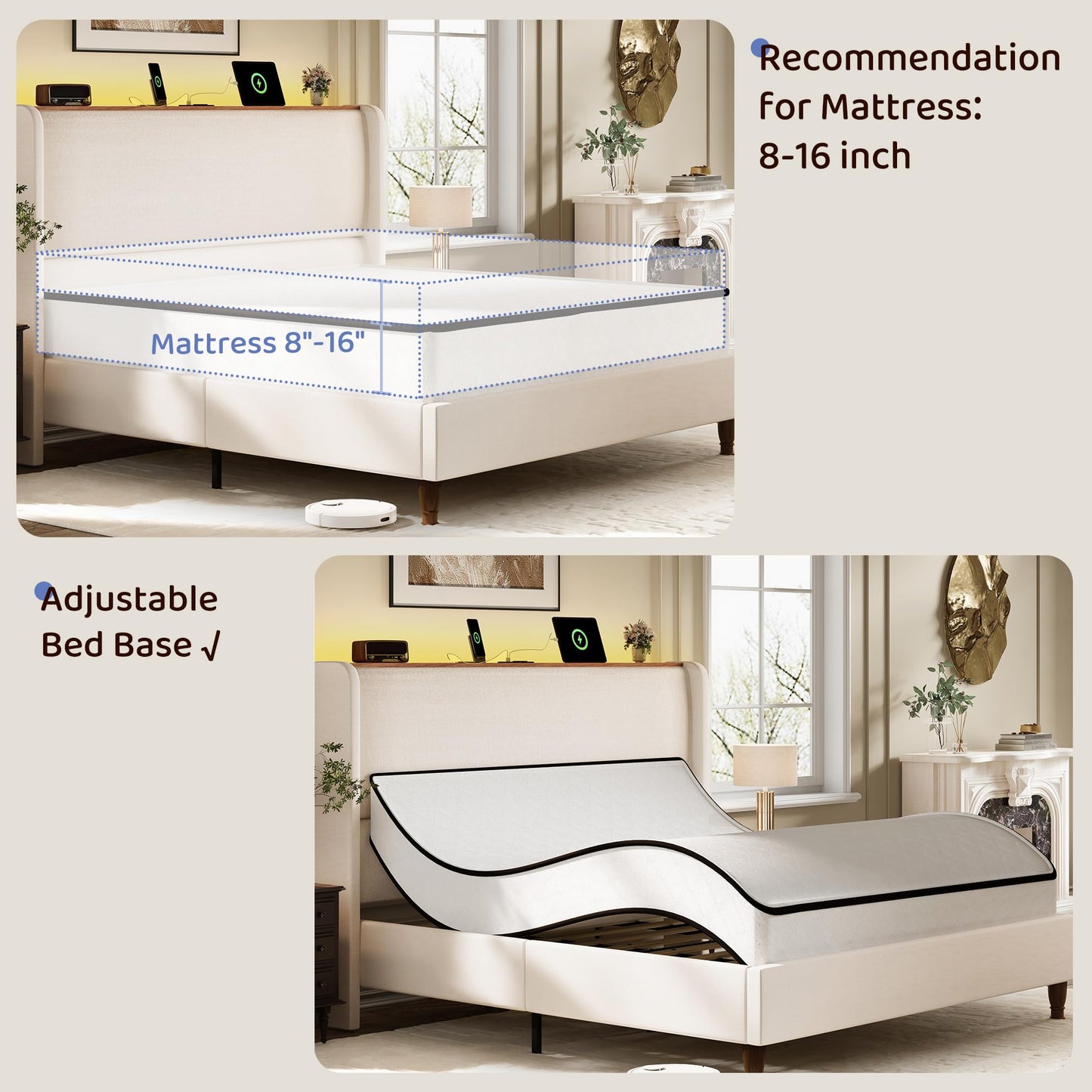 BRELTAM Queen Size Bed Frame with 51.2" Tall Headboard Wingback Linen Upholstered Platform Bed Frame with LED Lights and Charging Station, Storage Shelf, No Box Spring Needed, Noise-Free, Beige