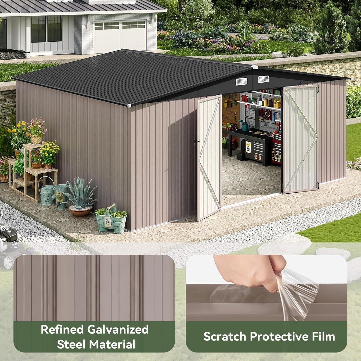Aoxun 14x12 FT Large Outdoor Storage Shed, Galvanized Metal Shed with 2 Lockable Tall Doors & Sloped Roof, Heavy Duty Utility Tool Storage House for Patio, Garden, Backyard, Lawn (Brown)