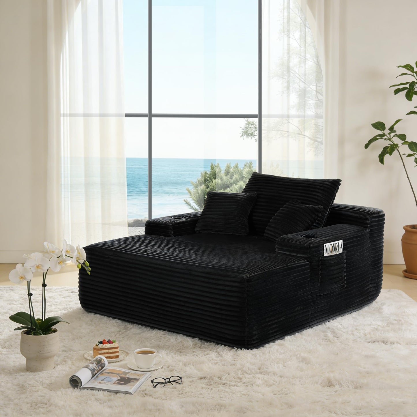 47.2-Inch Fluffy Corduroy Boneless Sleeper Daybed Oversized Single Recliner Foam Cloud Lounge Chaise,Floor Cloud Sofa Chaise Indoor W/2 Toss Pillows and Cupholders