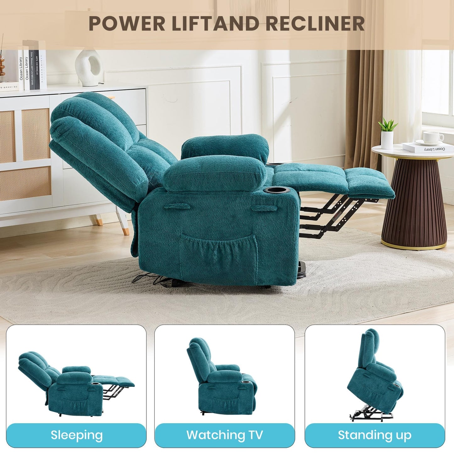 Garvee Power Lift Recliner Chair with Massage and Heat, Oversized Electric Lift Chair with Stand Assist, 155° Adjustable Lay Flat Recliner, 2 Cup Holders for Living Room