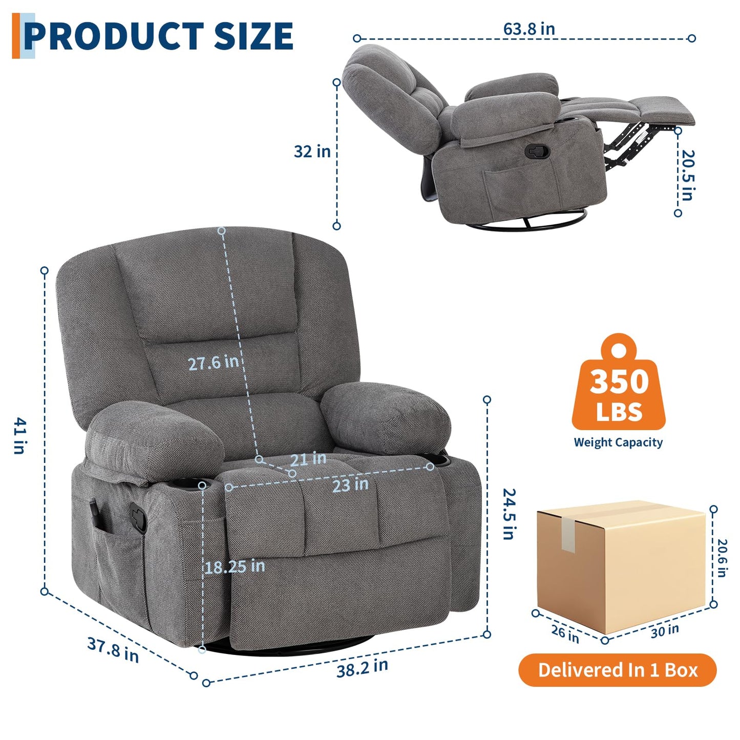 Massage Rocking Recliner Chair with Vibration and Heat, 360° Swivel Chenille Rocker Chairs for Living Room, Home Theater Seating with Cup Holders & Side Pocket for Adults, Living Room, Bedroom, Grey