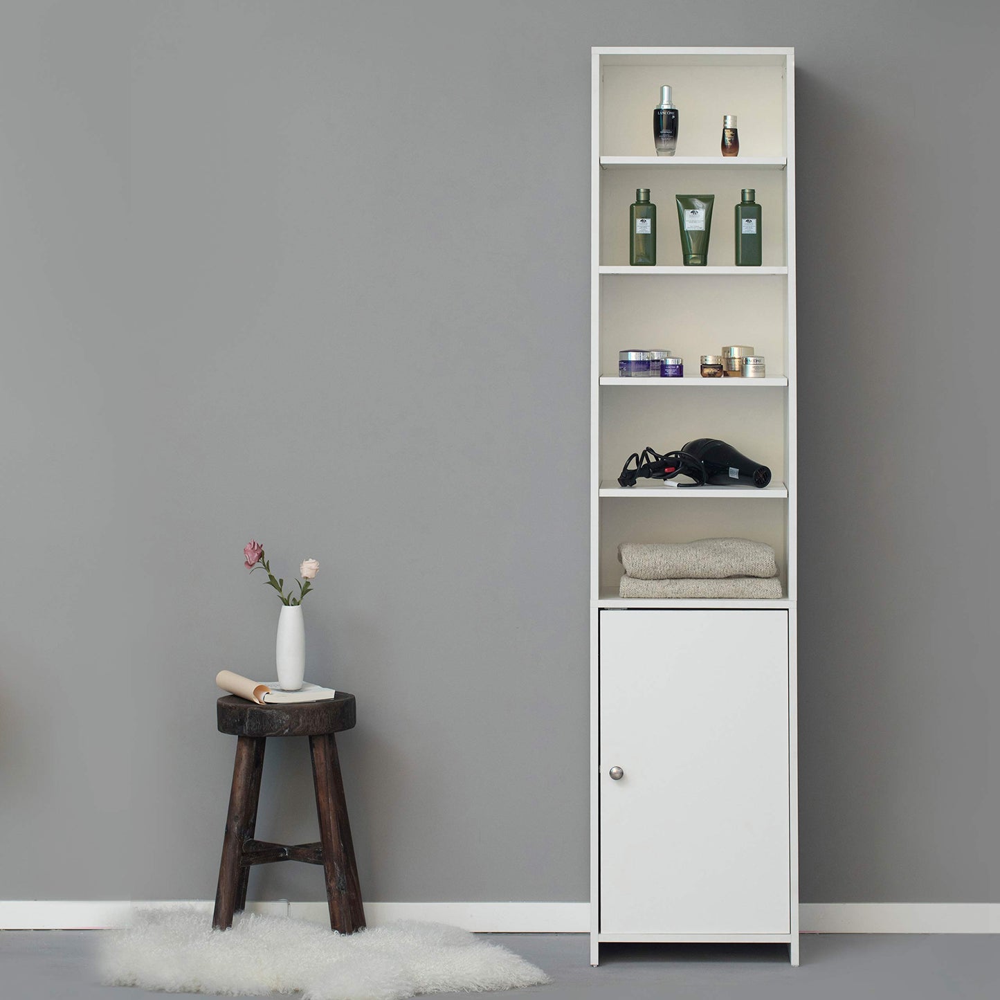 Basicwise Tall Slim Bathroom Storage Cabinet - Freestanding Linen Tower Organizer with 5 Open Shelves, 2 Adjustable Shelves, Sturdy Wood, 72 in High, Narrow White for Bathroom or Laundry