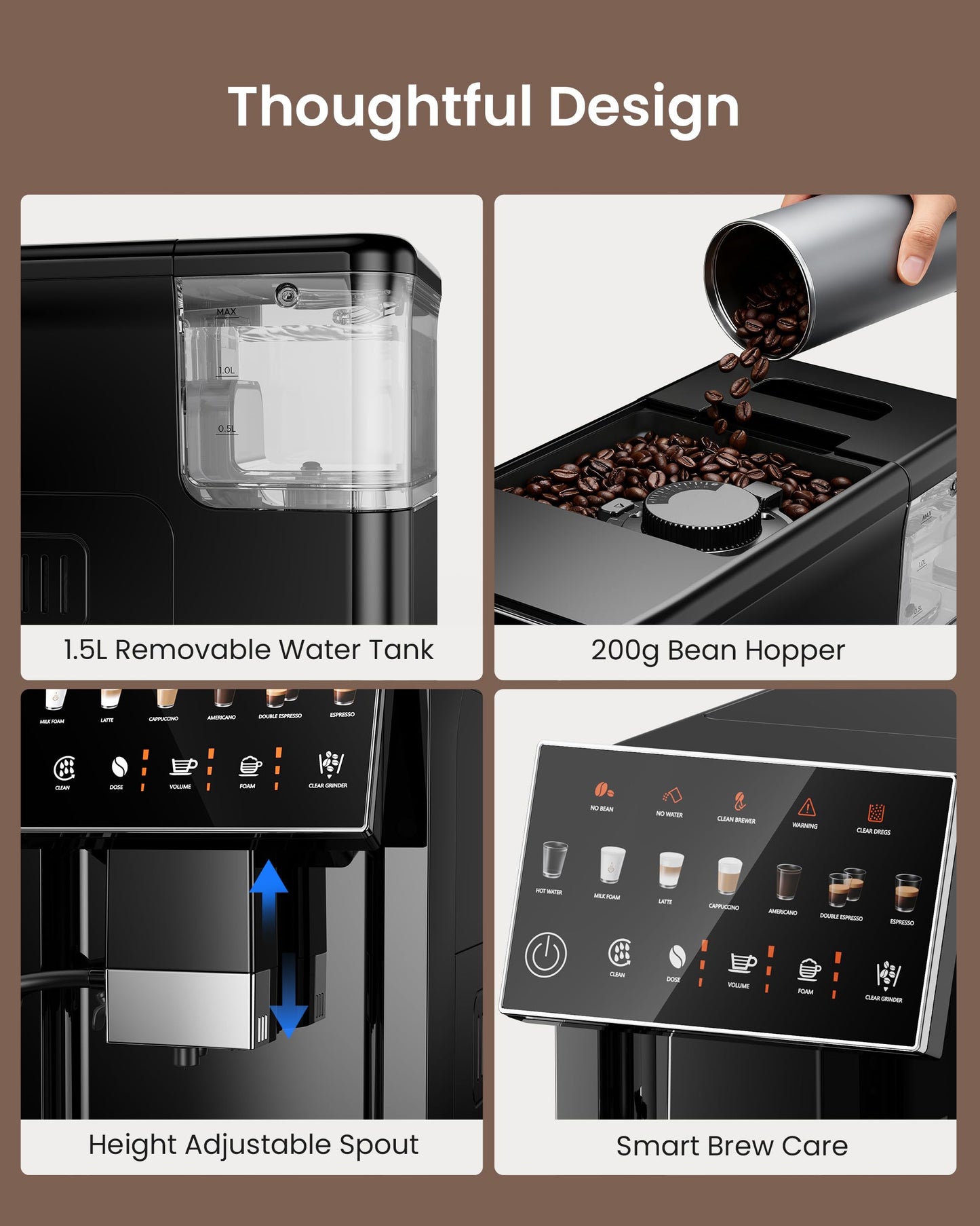ICEVIVAL Fully Automatic Espresso Machine with Grinder, 20 Bar Coffee Maker with Milk Frother, Touchscreen Espresso Machine for Cappuccino, Latte & Americano, 15 Grind Settings, Self-Cleaning (Black)