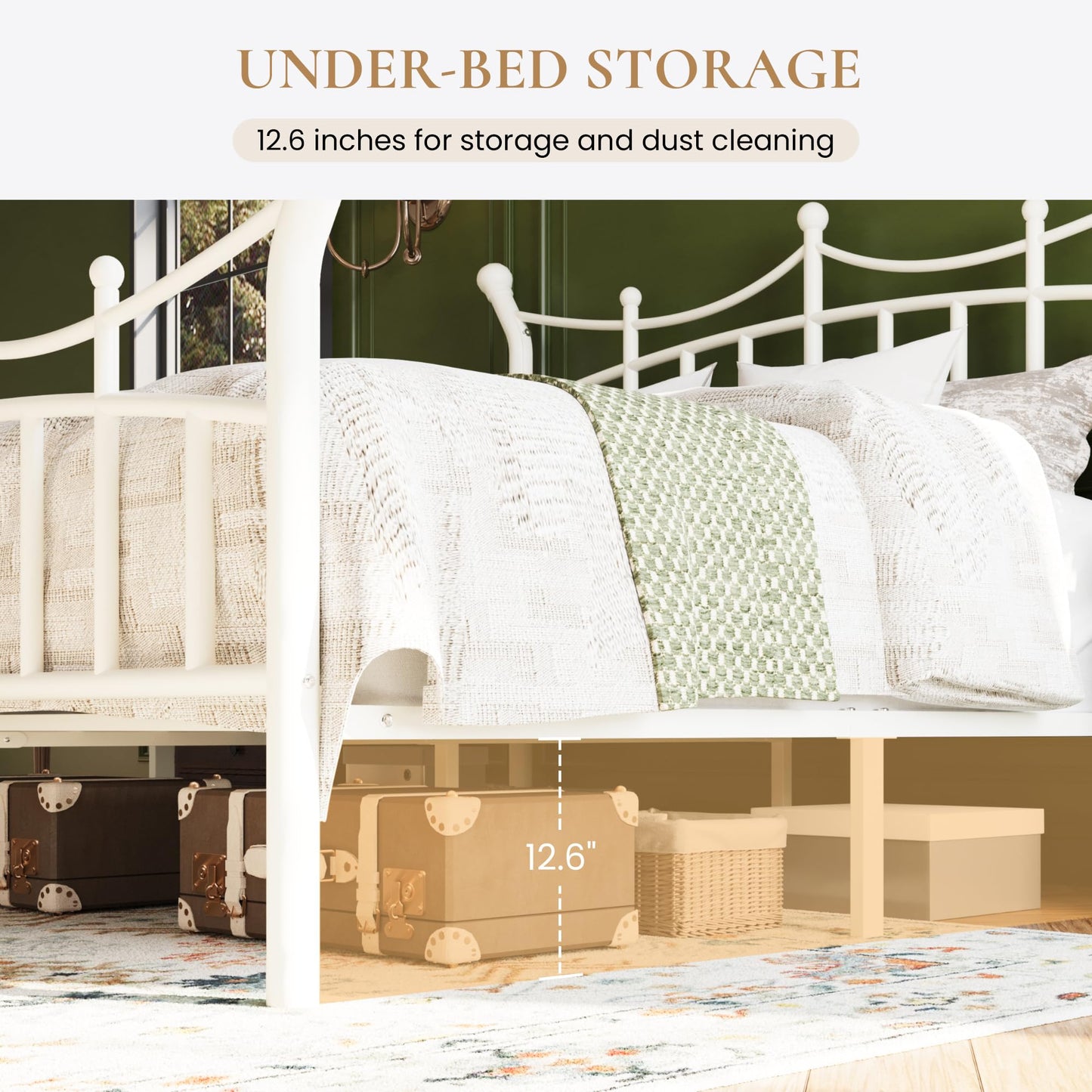 SHA CERLIN 14 Inches King Size Metal Platform Bed Frame with Crown Style Victorian Headboard & Footboard, Ample Under Bed Storage, Noise Free, Easy Assembly, No Box Spring Needed, White