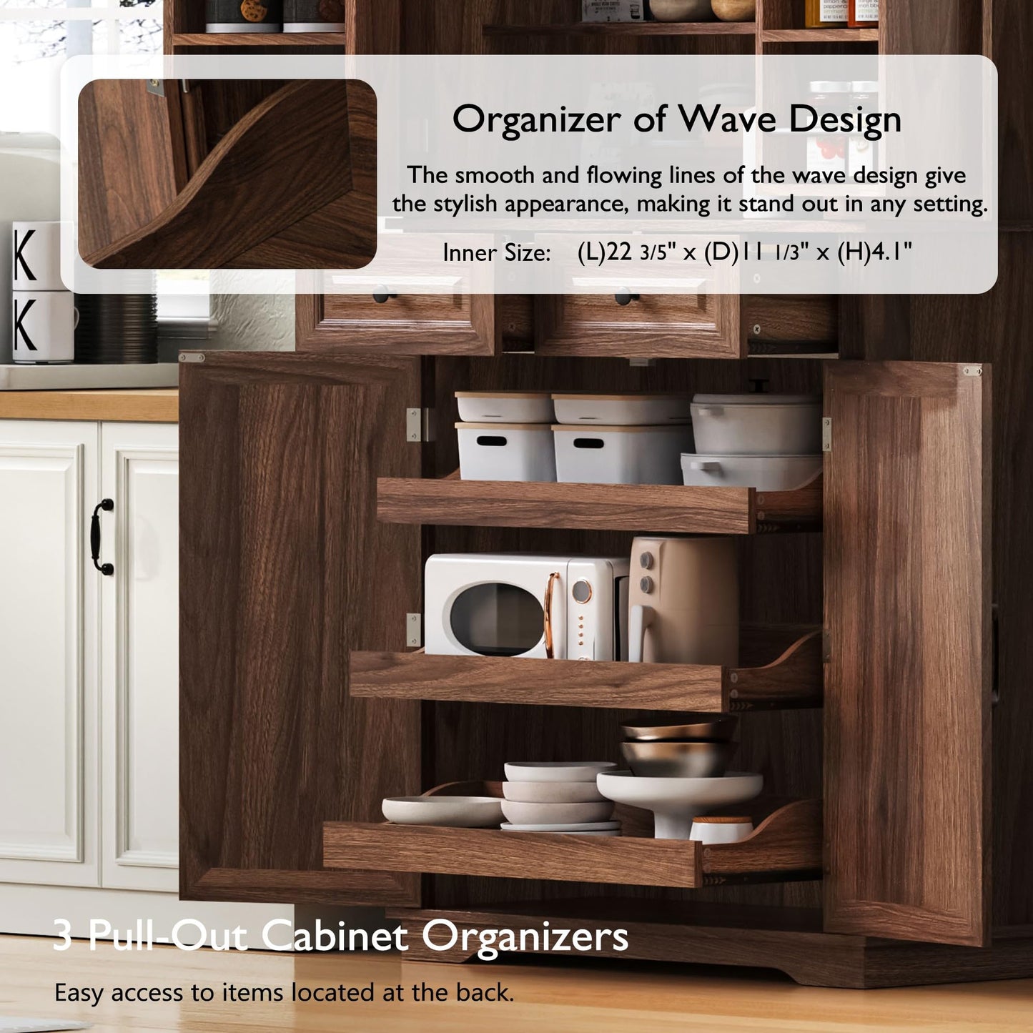GDFStudio Hakf 71" Tall Kitchen Pantry Cabinet, 3 Pull Out Pantry Cabinet Organizers, Spacious Storage Organizer with 6 Door Shelves, 2 Drawers, Freestanding Cupboard for Kitchen Dining Room, Brown