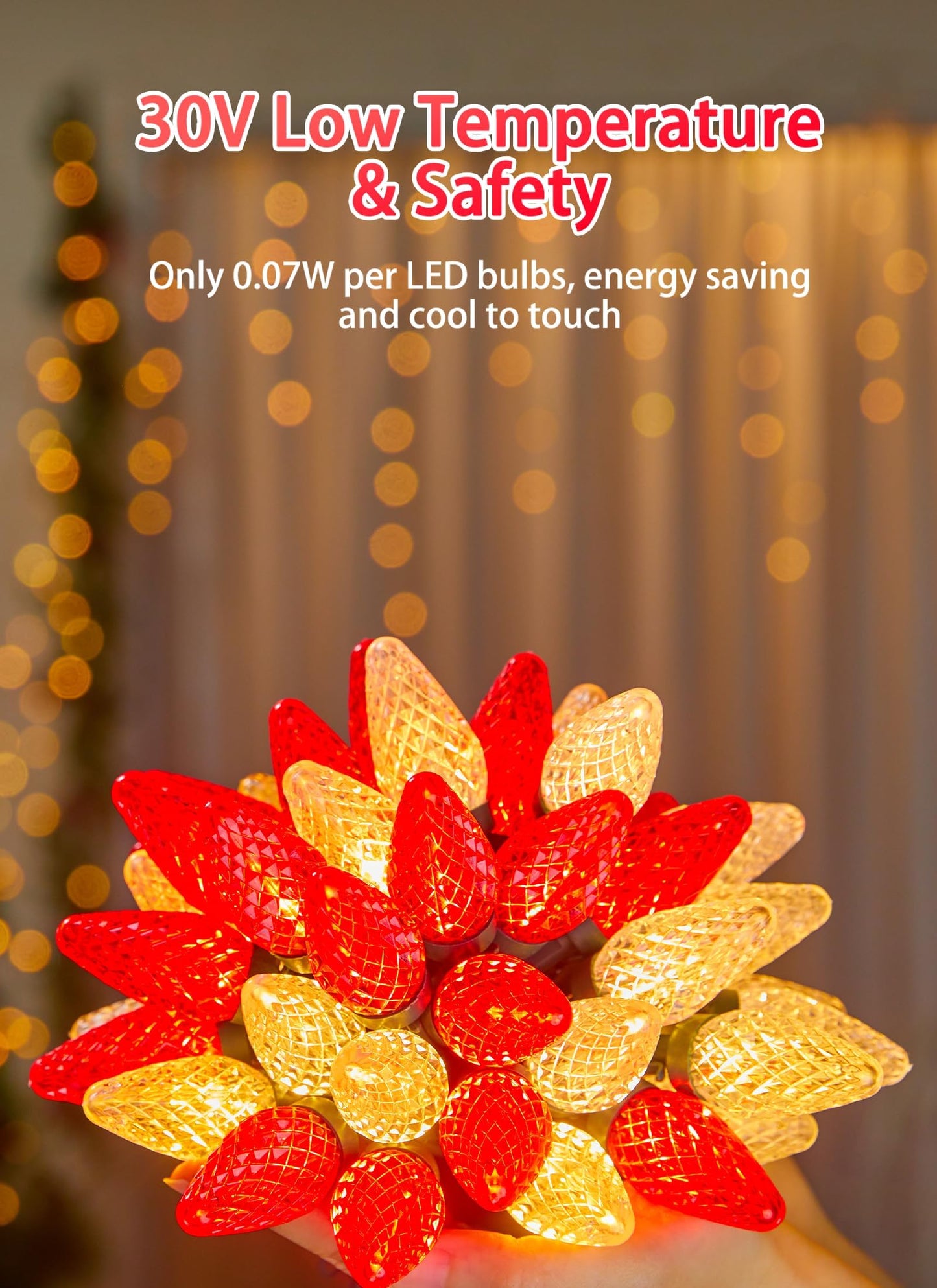 Minetom C9 LED Christmas String Lights, 100 LEDs, 82ft, Red and Warm White, Outdoor with Timer, Model GVLV100/10F