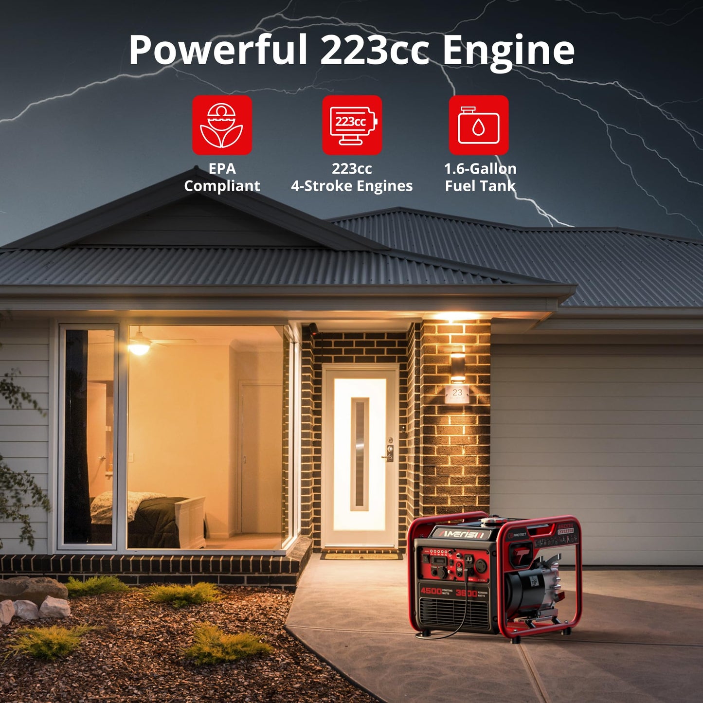 AMERISUN Gas Powered Generator 4500-Watt, Portable Inverter Generator with CO-Sensor, Parallel Capable Long Run Time for Camping Tailgating Home Emergency Use, EPA Compliant