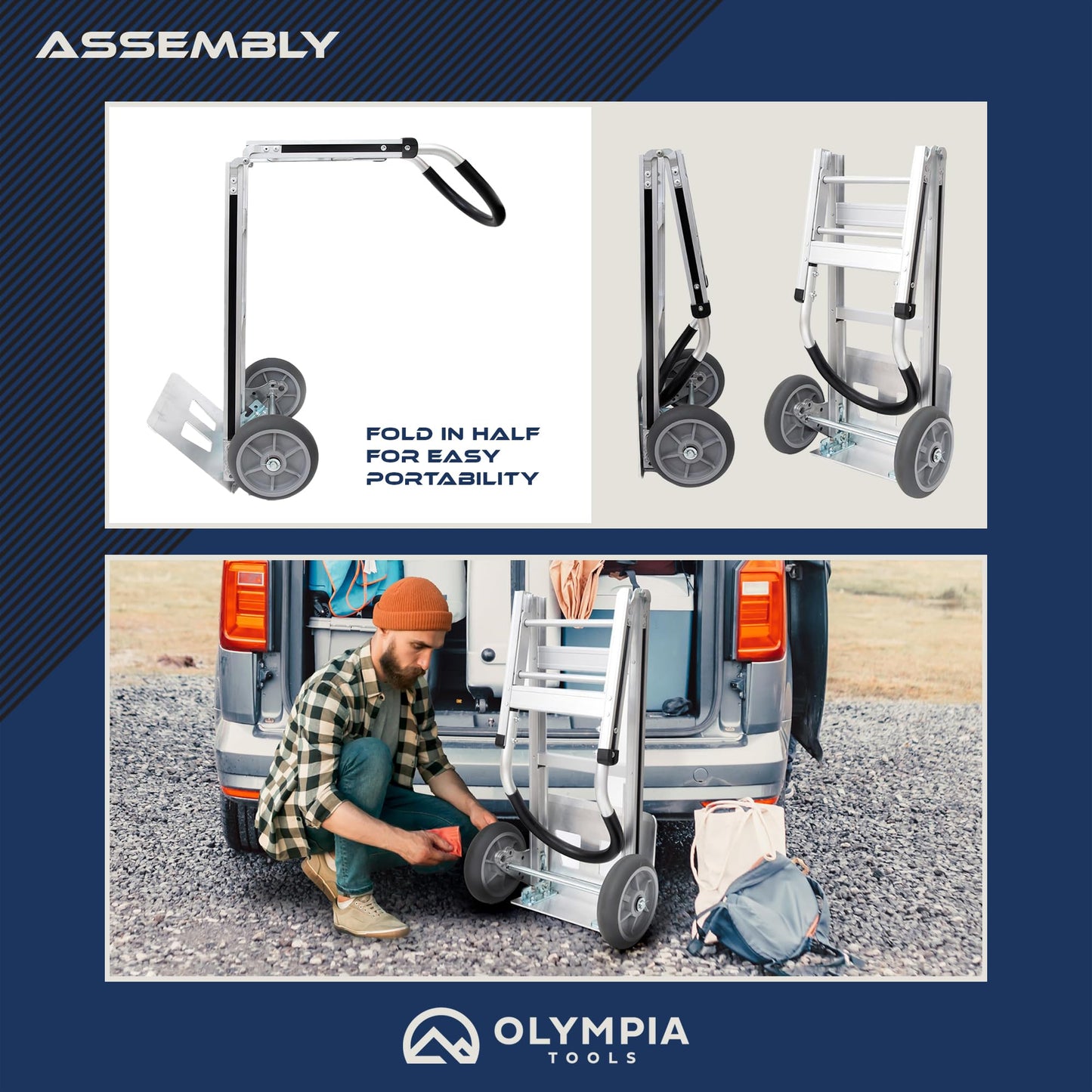 Olympia Tools Aluminum Foldable Utility Shopping Cart with Wheels and Removable Bag, Collapsible Personal Cart for Groceries, Laundry and Storage
