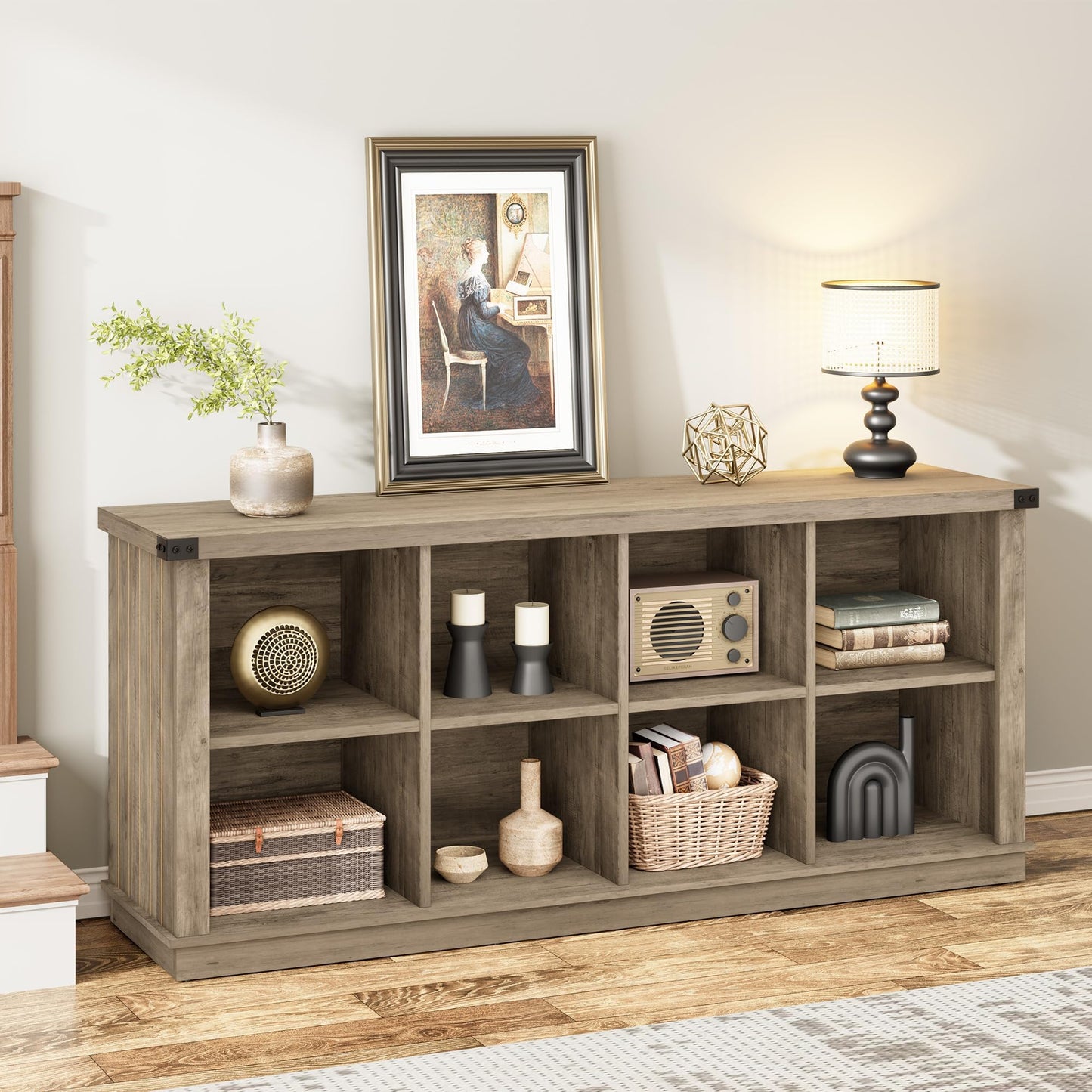 Garvee 8 Cube Storage Organizer Bookshelf, Farmhouse Horizontal Bookcase, 62 in Long Low Bookshelf, Wood Storage Bookcase for Living Room, Entryway, Home Office, Grey