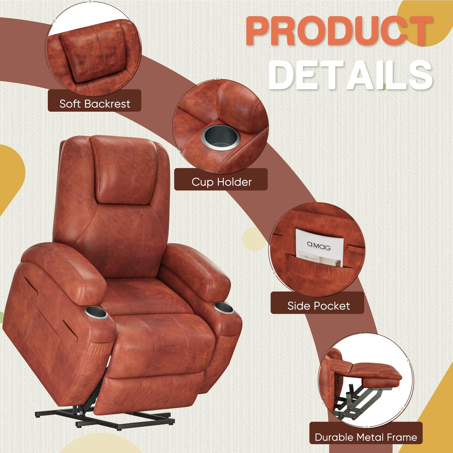 Furmax Electric Power Lift Recliner Chair with Massage for Elderly Corduroy Fabric Recliner Single Sofa with Cup Holders, Side Pockets and Remote Control for Living Room Bedroom (Leathaire, Brown)
