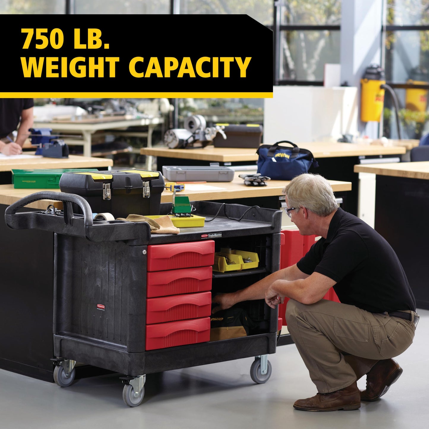 Rubbermaid Commercial Products TradeMaster Tool Storage Utility Cart, 4 Drawers + Cabinet, Small, 750 lb. Capacity, Black, for Warehouse/Garage/Cleaning/Maintenance