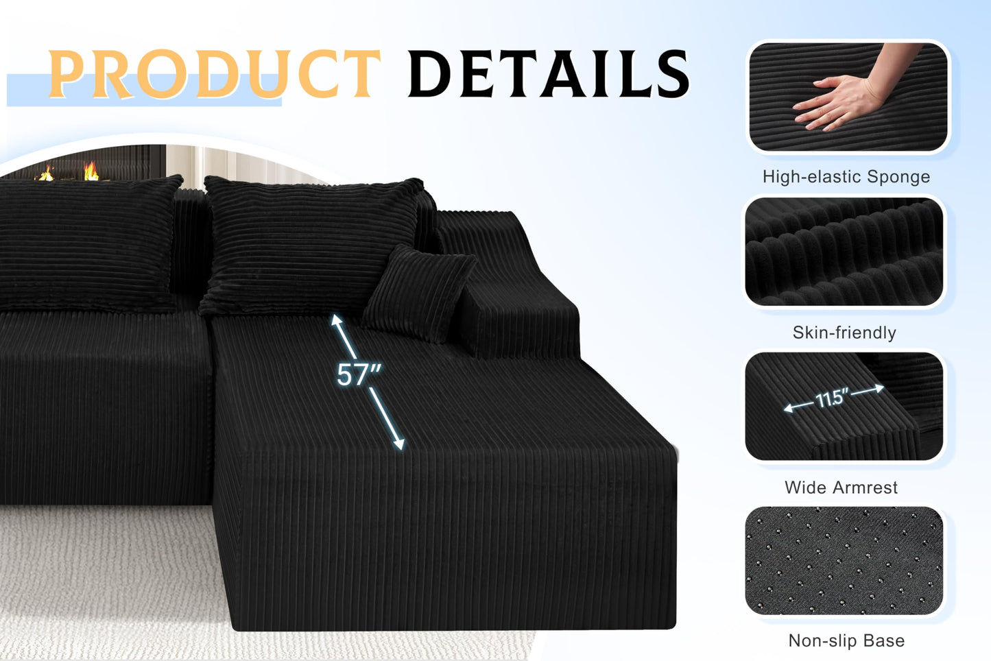 HABUTWAY 105" Modular Sectional Couches for Living Room, Boneless Couch with L-Shape Chaise,Comfy Sofa Living Room Sofas with Deep Seat,No Assembly, Corduroy Fabric(Black,Right)